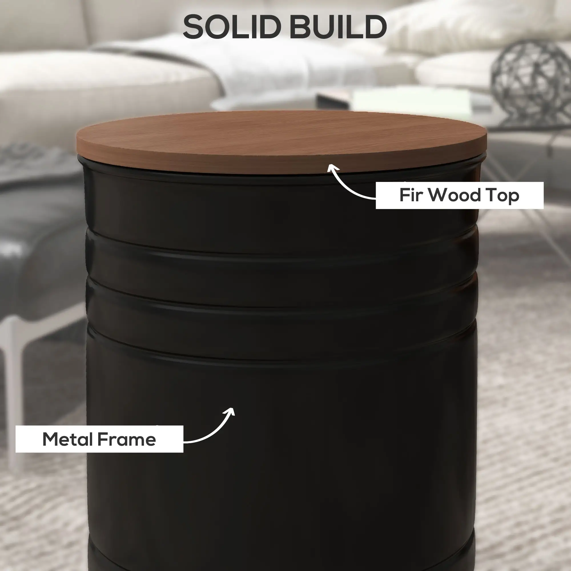 Round Side Table Set of 2, Nesting Coffee Tables, Wooden Lid, Metal Frame, Black - Image 6