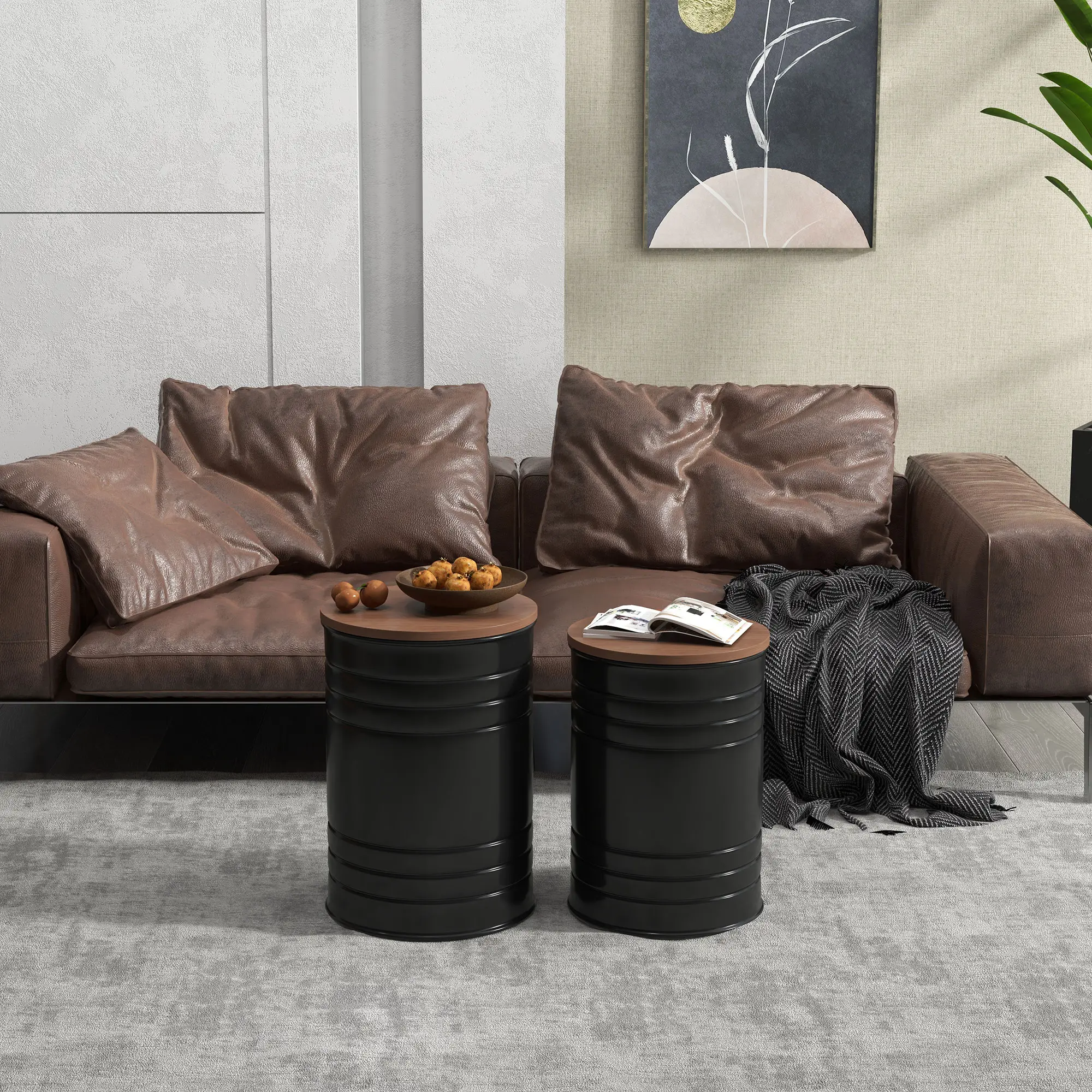 Round Side Table Set of 2, Nesting Coffee Tables, Wooden Lid, Metal Frame, Black - Image 7