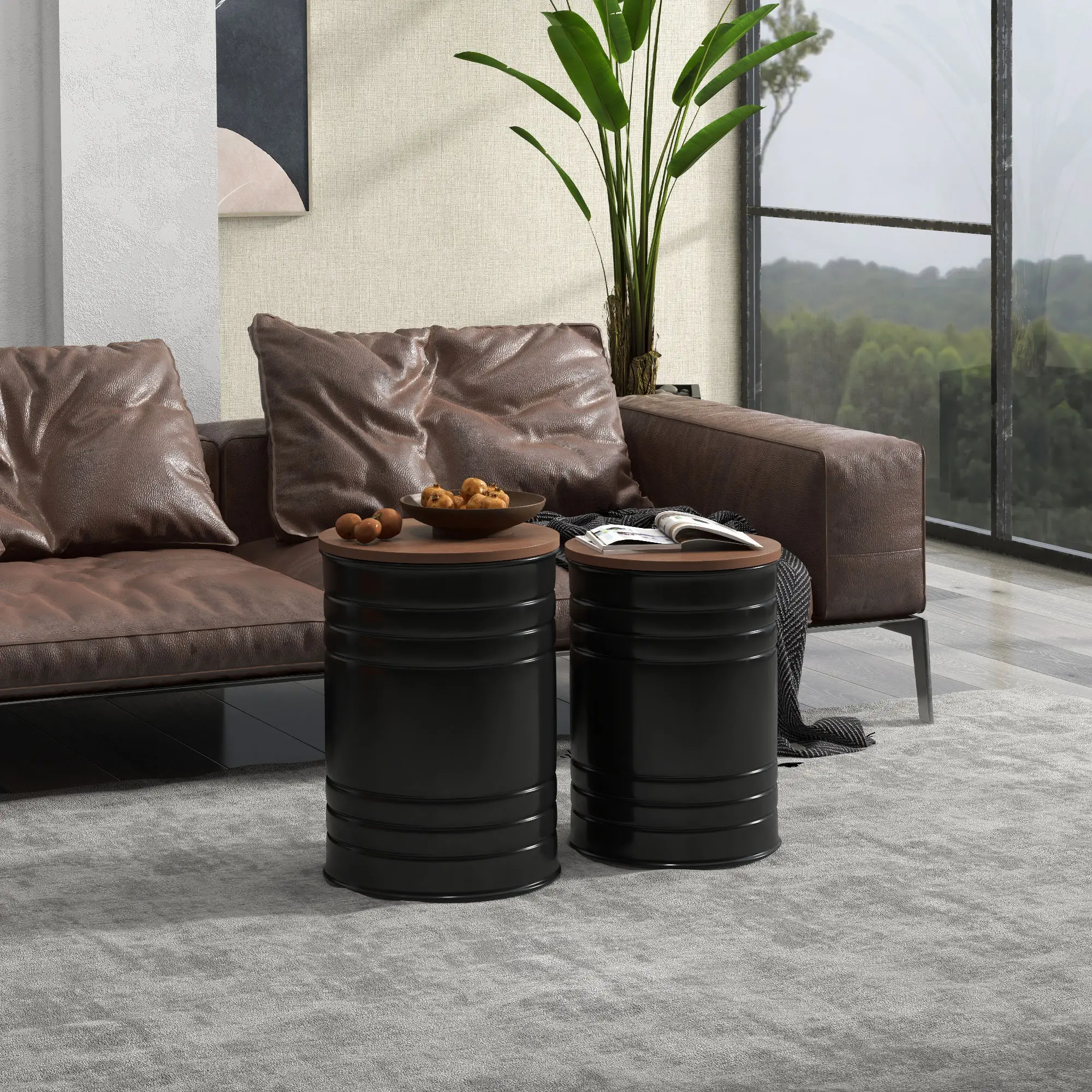 Round Side Table Set of 2, Nesting Coffee Tables, Wooden Lid, Metal Frame, Black - Image 8