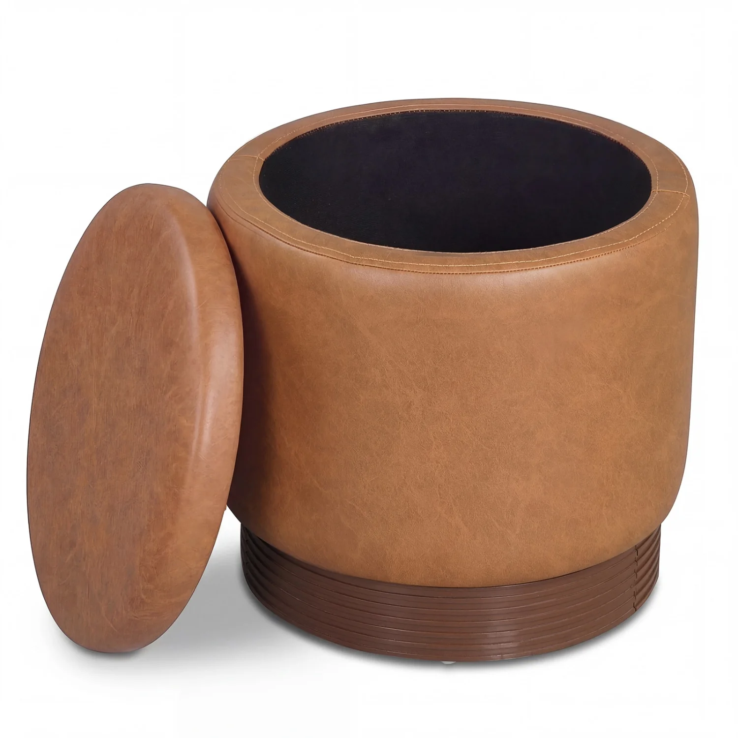 Round Storage Ottoman, Acacia Wood Frame, Brown