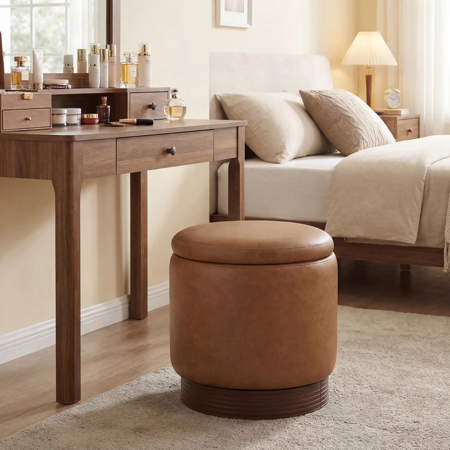 Round Storage Ottoman, Acacia Wood Frame, Brown - Image 2