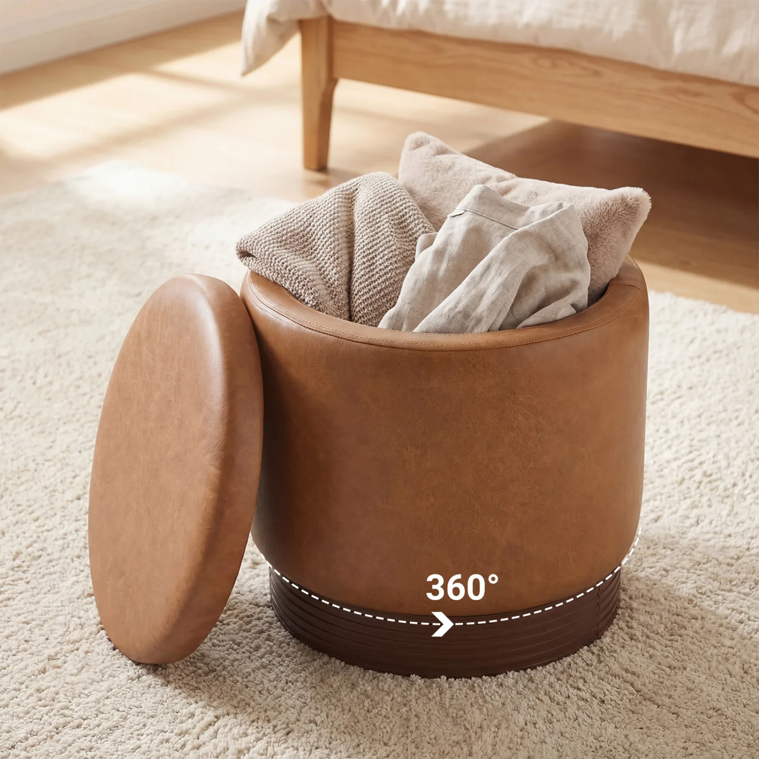 Round Storage Ottoman, Acacia Wood Frame, Brown - Image 3