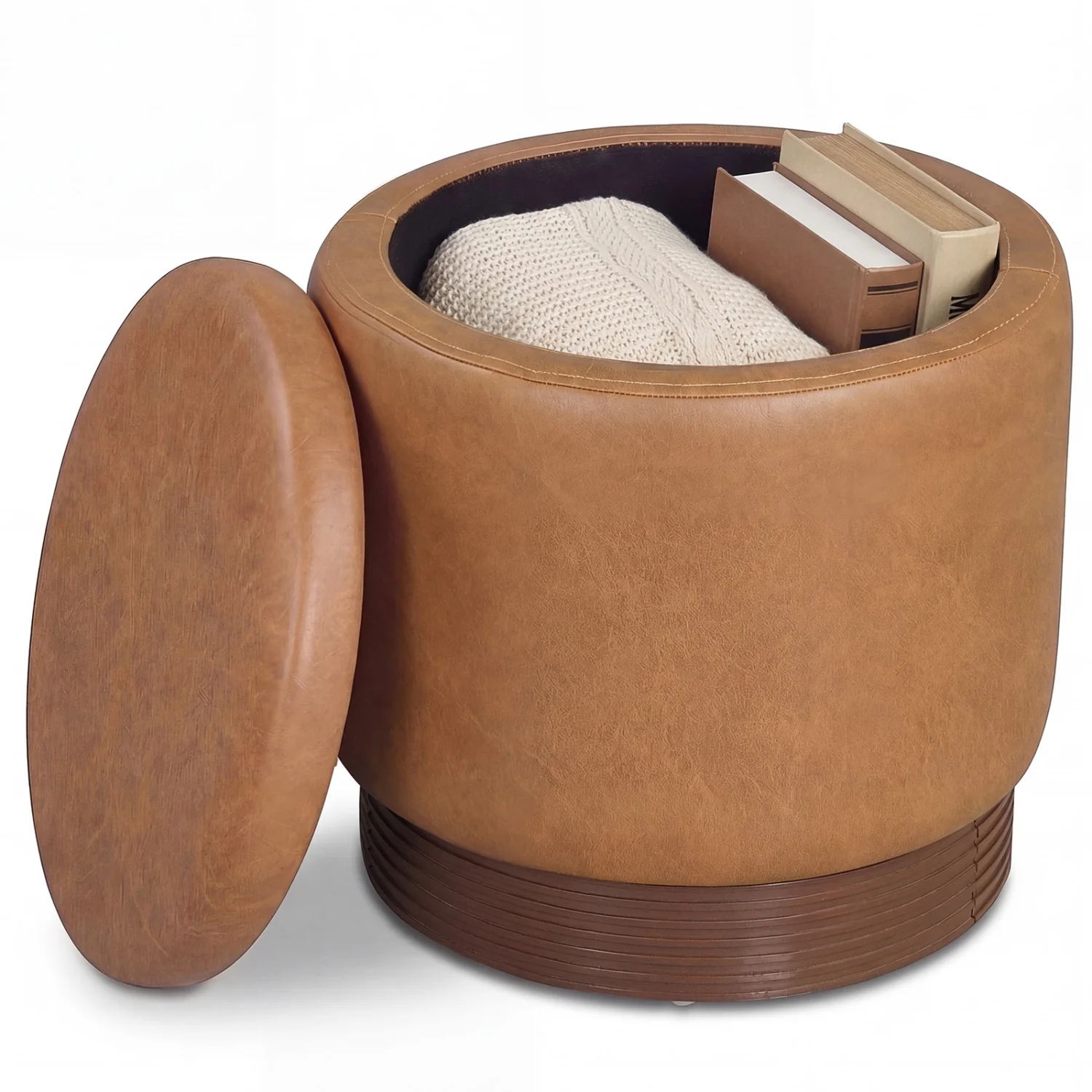 Round Storage Ottoman, Acacia Wood Frame, Brown - Image 4