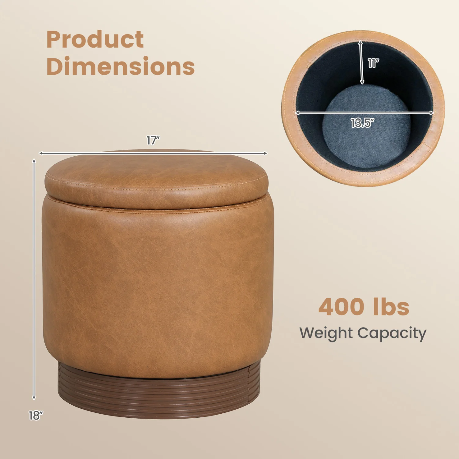 Round Storage Ottoman, Acacia Wood Frame, Brown - Image 5