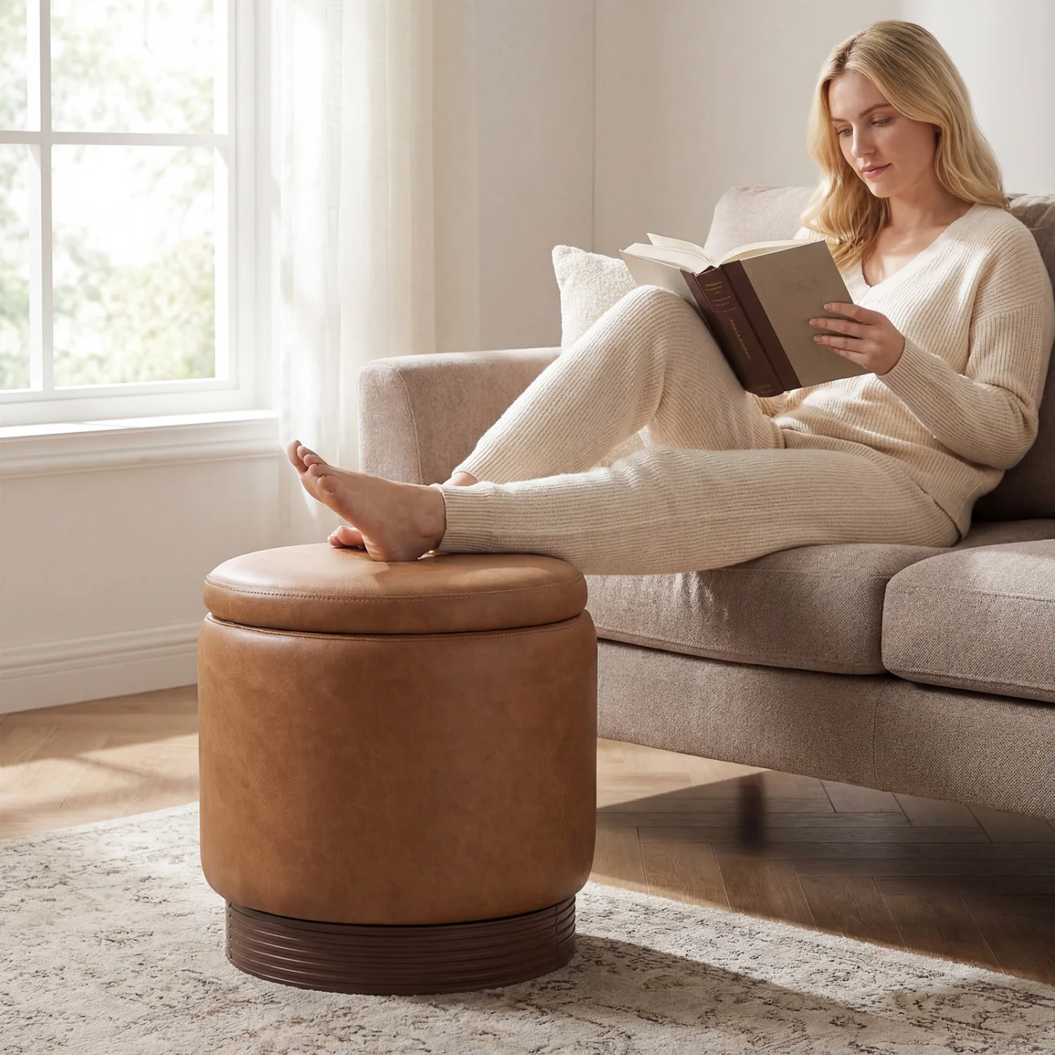 Round Storage Ottoman, Acacia Wood Frame, Brown - Image 6