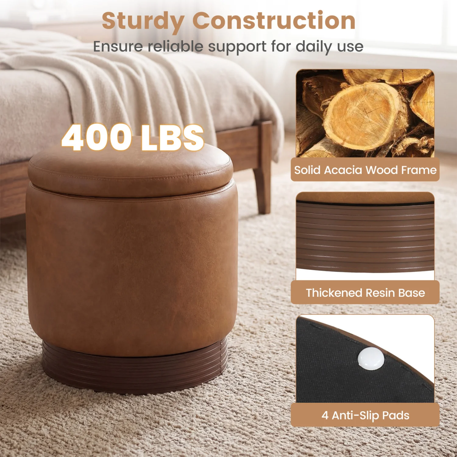 Round Storage Ottoman, Acacia Wood Frame, Brown - Image 7