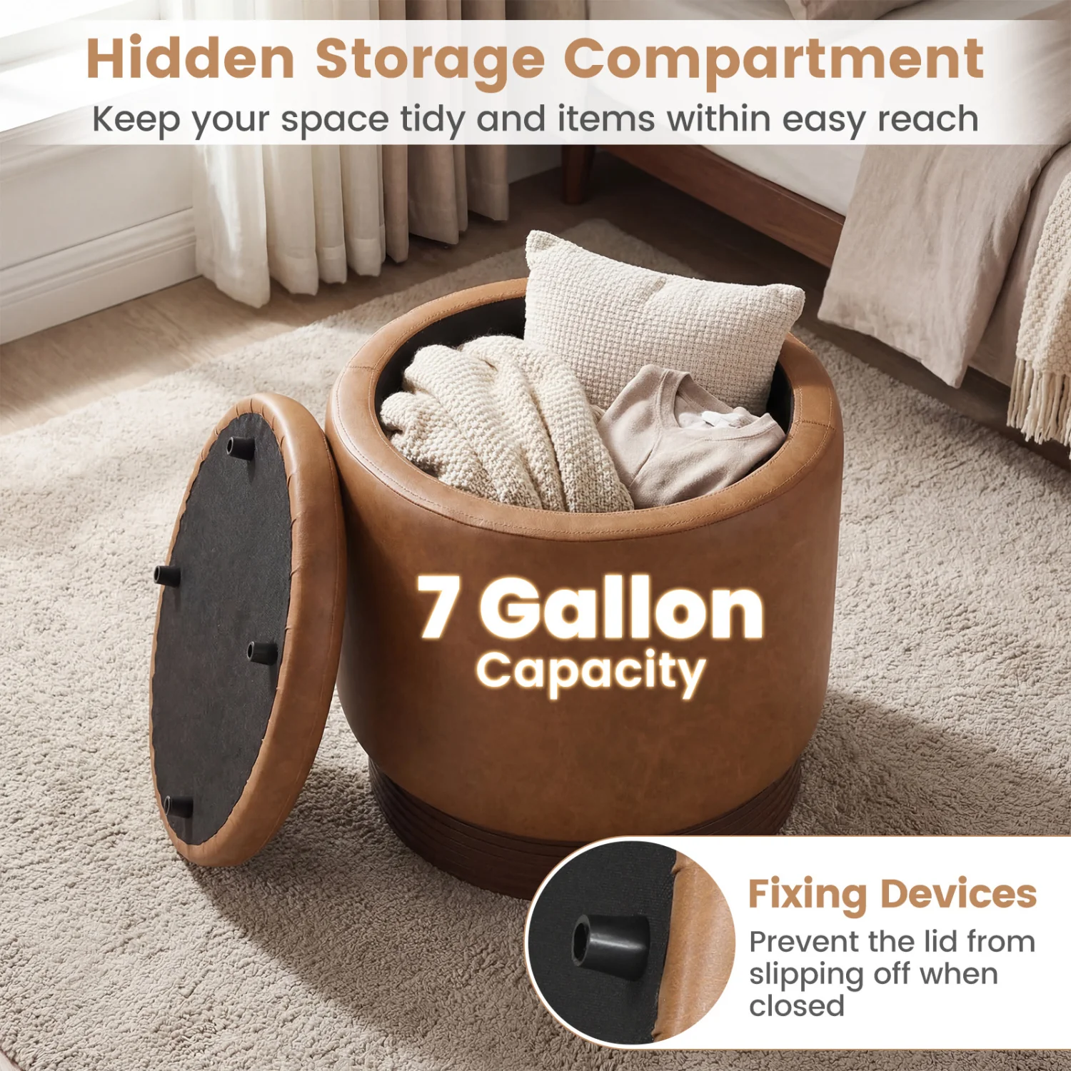 Round Storage Ottoman, Acacia Wood Frame, Brown - Image 8