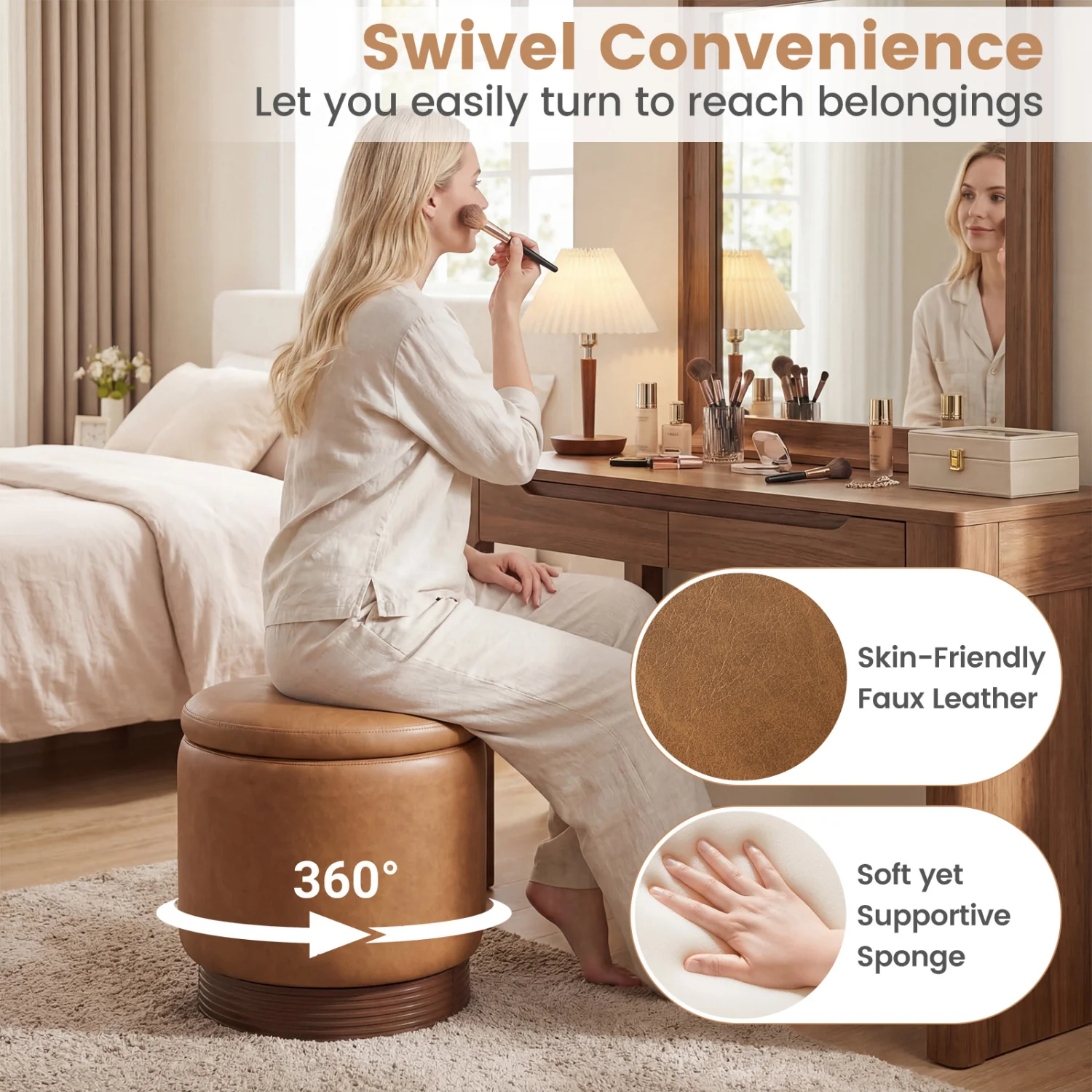 Round Storage Ottoman, Acacia Wood Frame, Brown - Image 9
