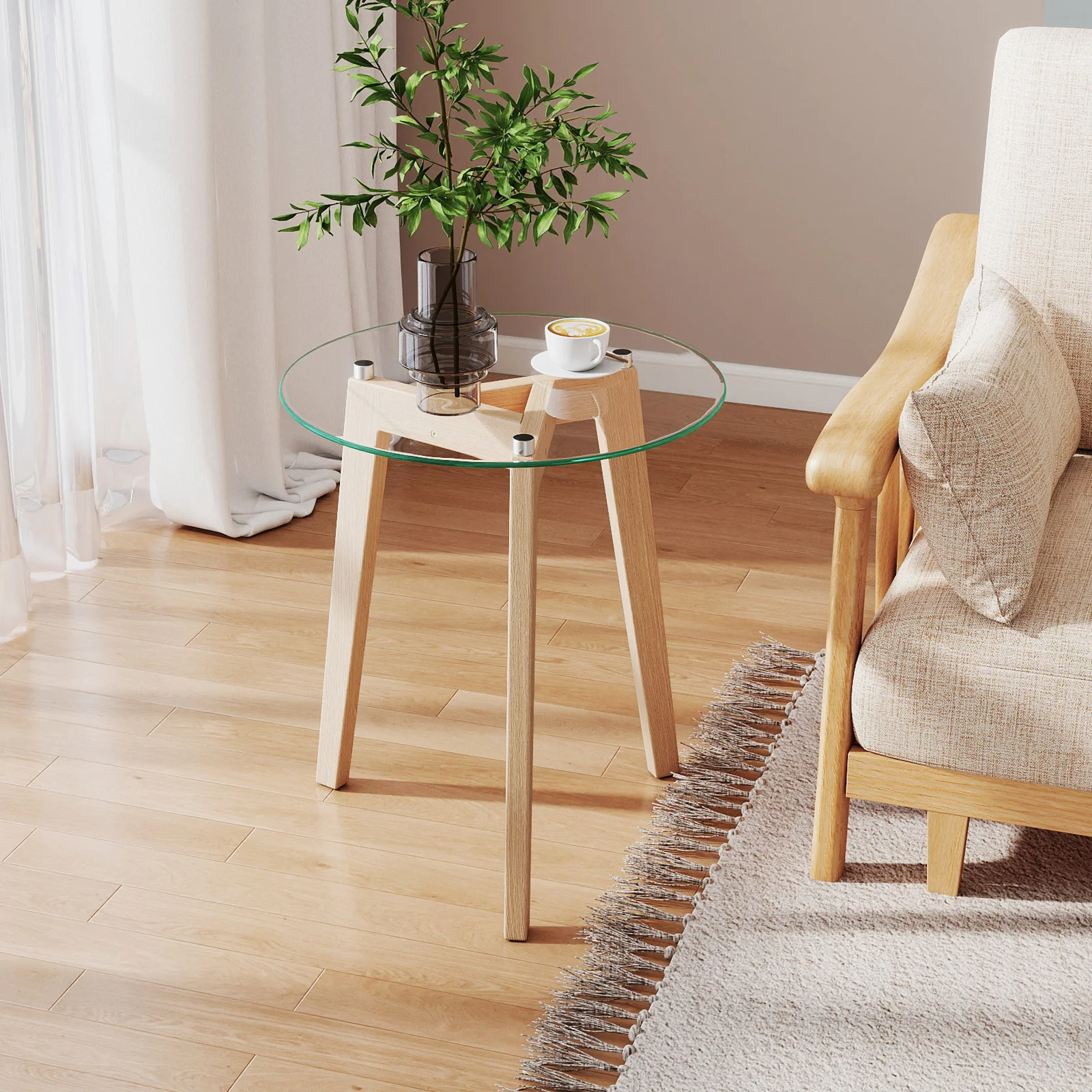 Round Tempered Glass End Table, Solid Rubber Wood Structure, Natural - Image 2