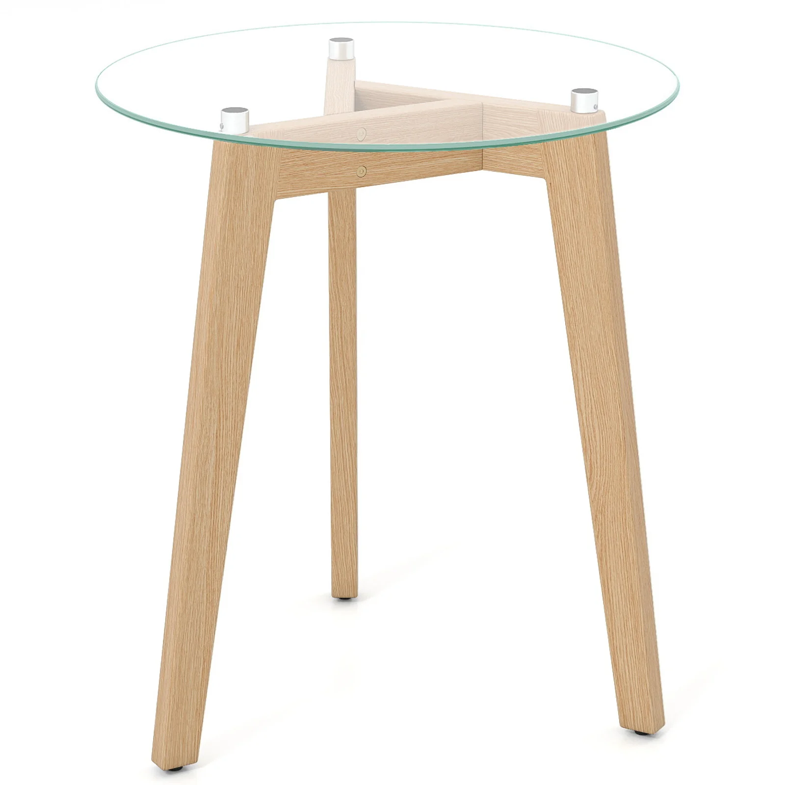 Round Tempered Glass End Table, Solid Rubber Wood Structure, Natural - Image 5