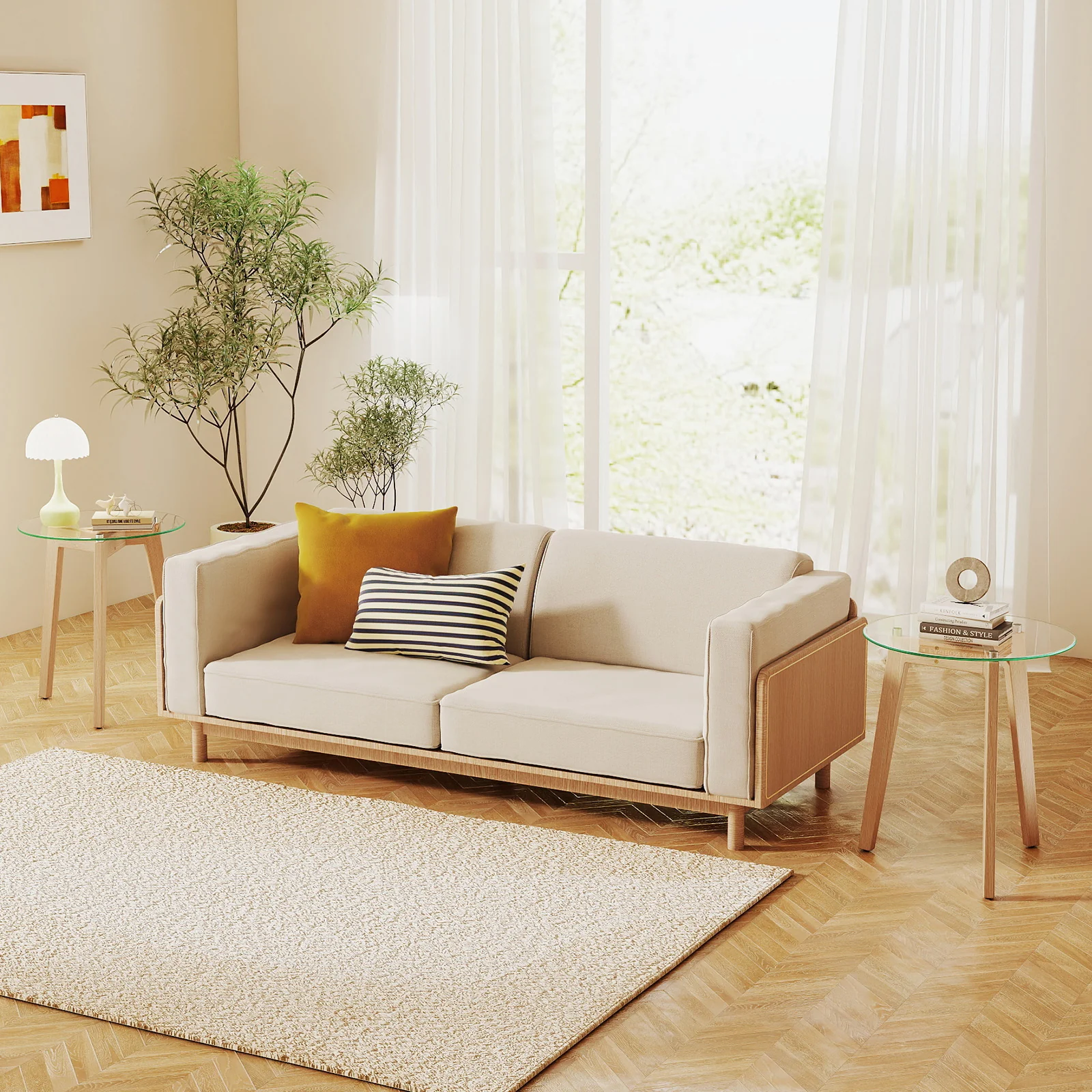 Round Tempered Glass End Table, Solid Rubber Wood Structure, Natural - Image 8
