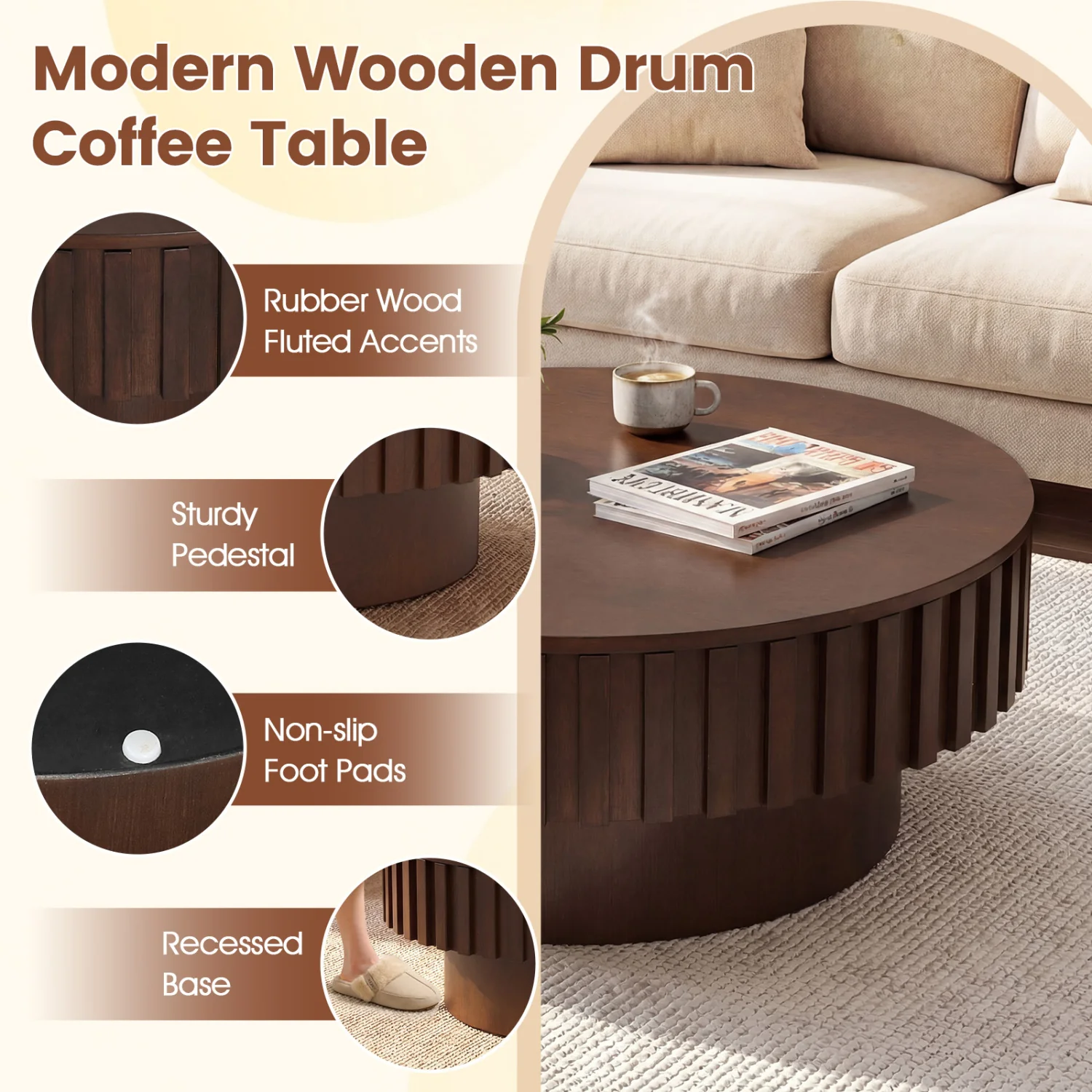 Round Wooden Drum Coffee Table With Storage, Hidden Compartment, Walnut - Image 7