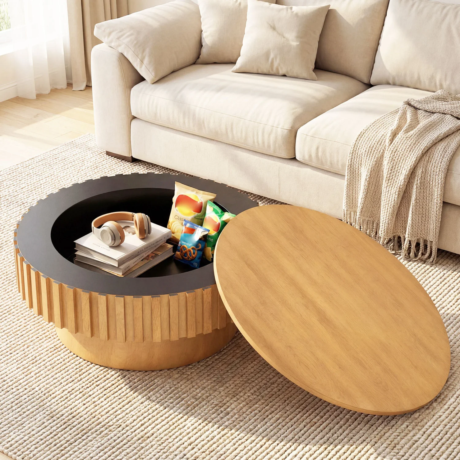 Round Wooden Drum Coffee Table With Storage, Natural - Image 10