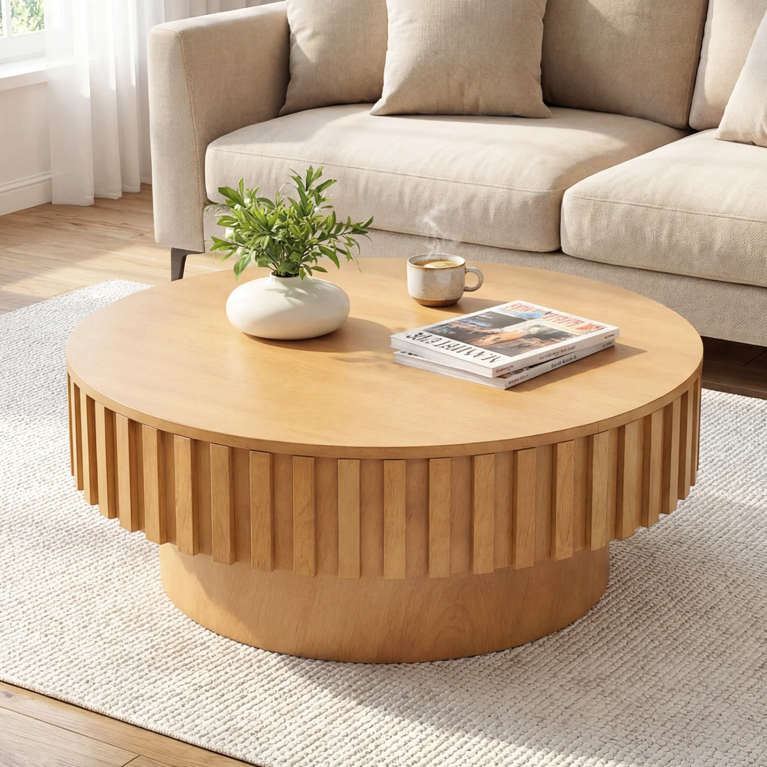 Round Wooden Drum Coffee Table With Storage, Natural - Image 3