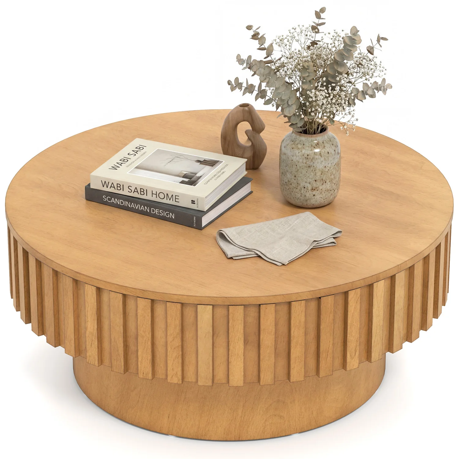 Round Wooden Drum Coffee Table With Storage, Natural - Image 4