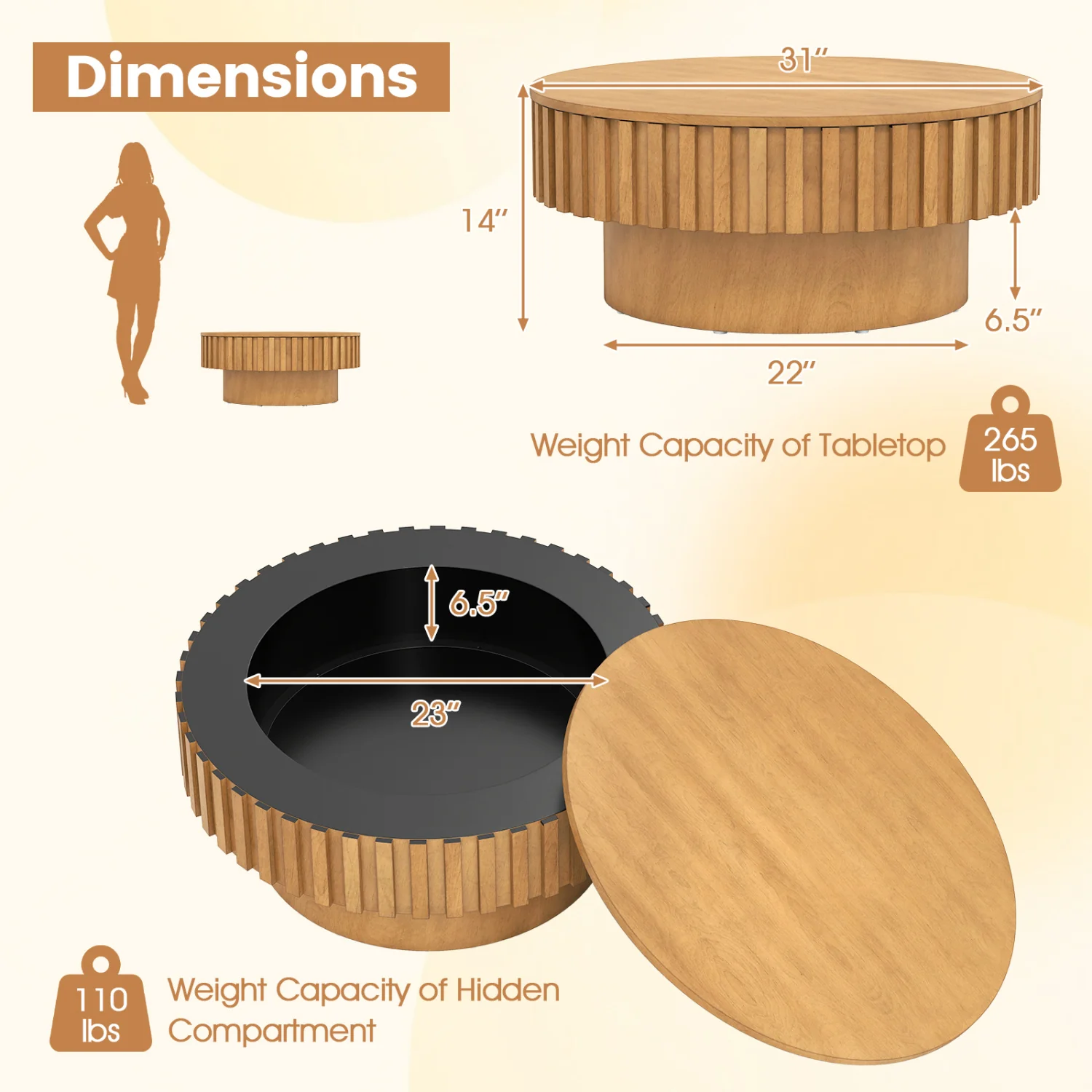 Round Wooden Drum Coffee Table With Storage, Natural - Image 6