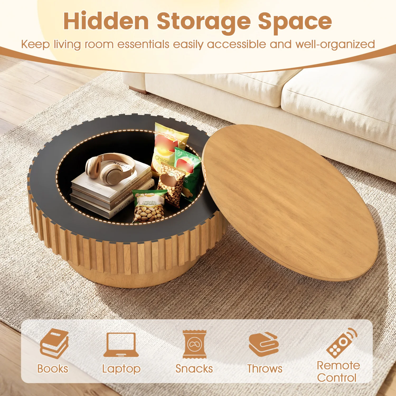 Round Wooden Drum Coffee Table With Storage, Natural - Image 8
