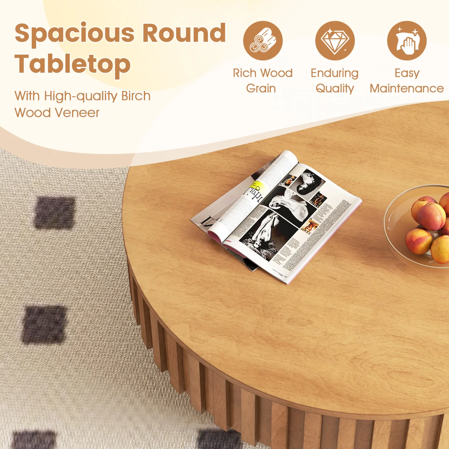 Round Wooden Drum Coffee Table With Storage, Natural - Image 9