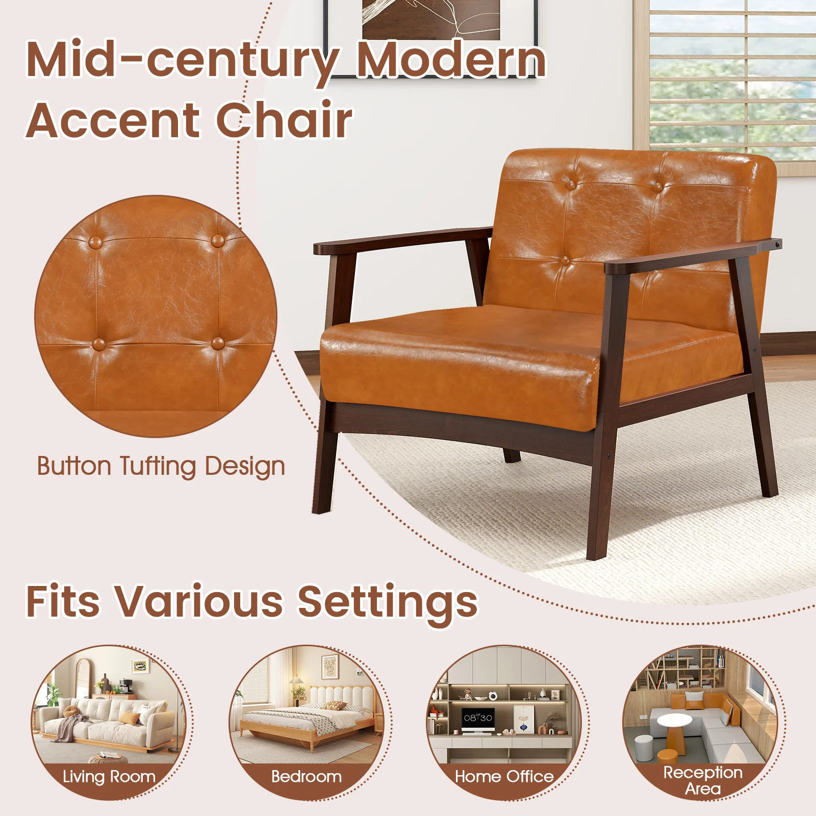 Rubber Wood Accent Chair With Armrest, Walnut - Image 10