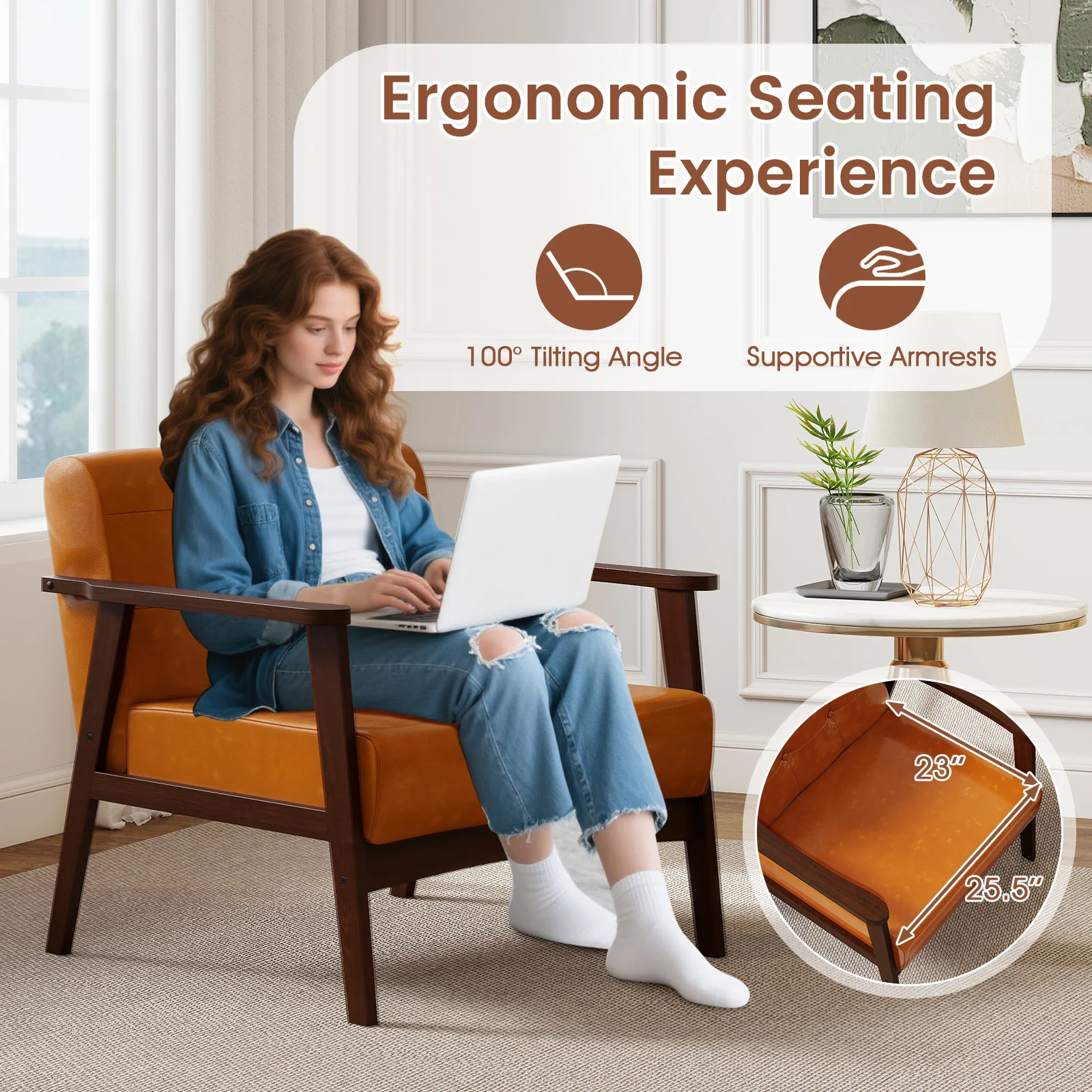 Rubber Wood Accent Chair With Armrest, Walnut - Image 7