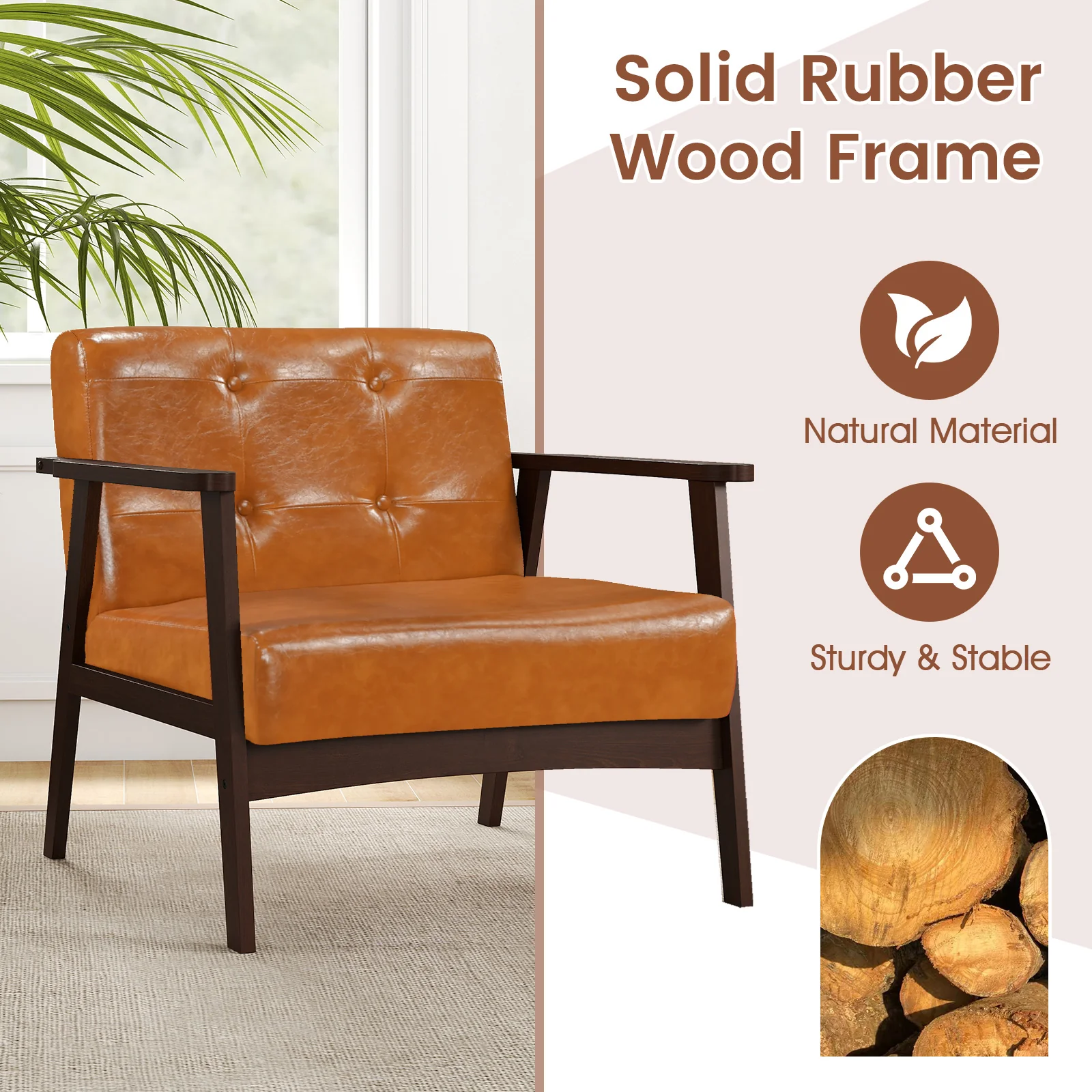 Rubber Wood Accent Chair With Armrest, Walnut - Image 8