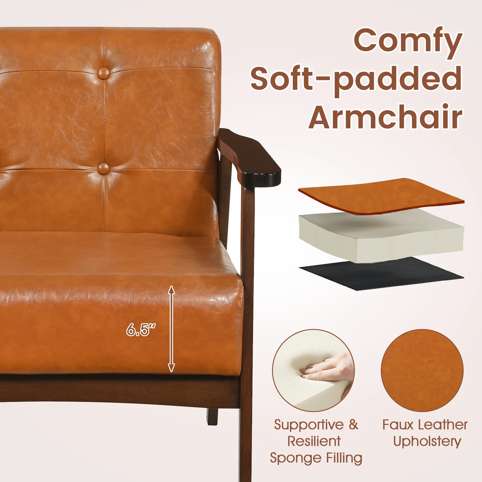 Rubber Wood Accent Chair With Armrest, Walnut - Image 9