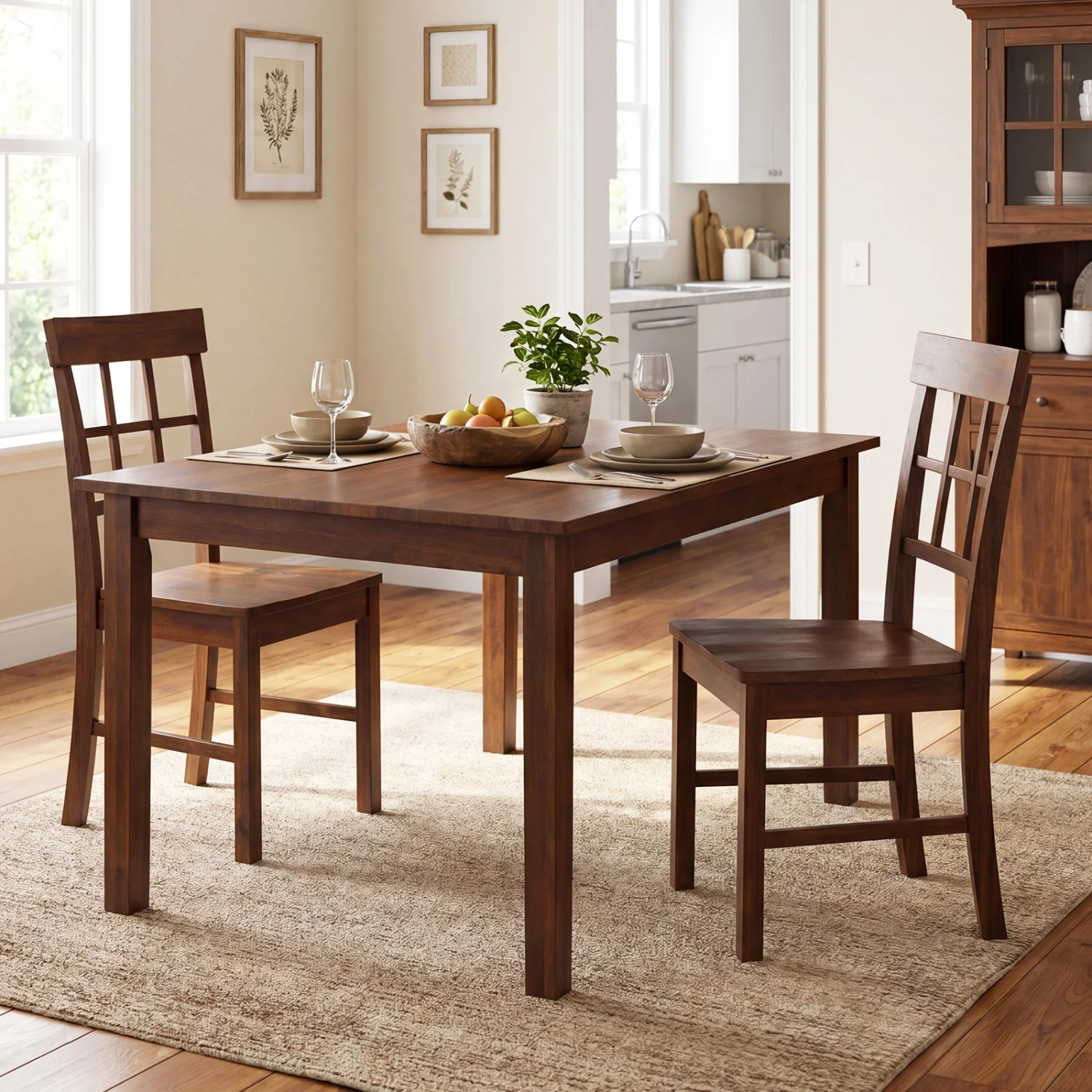 Rubber Wood Dining Chairs Set of 2, Dark Brown - Image 2