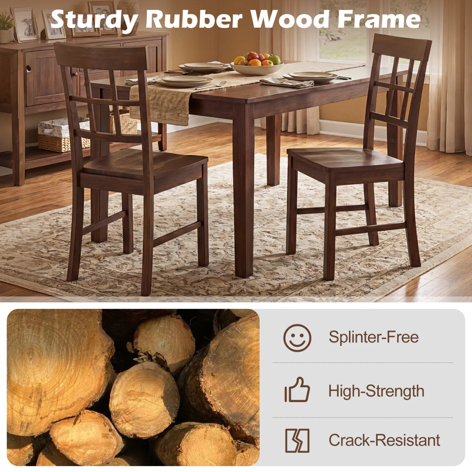 Rubber Wood Dining Chairs Set of 2, Dark Brown - Image 6