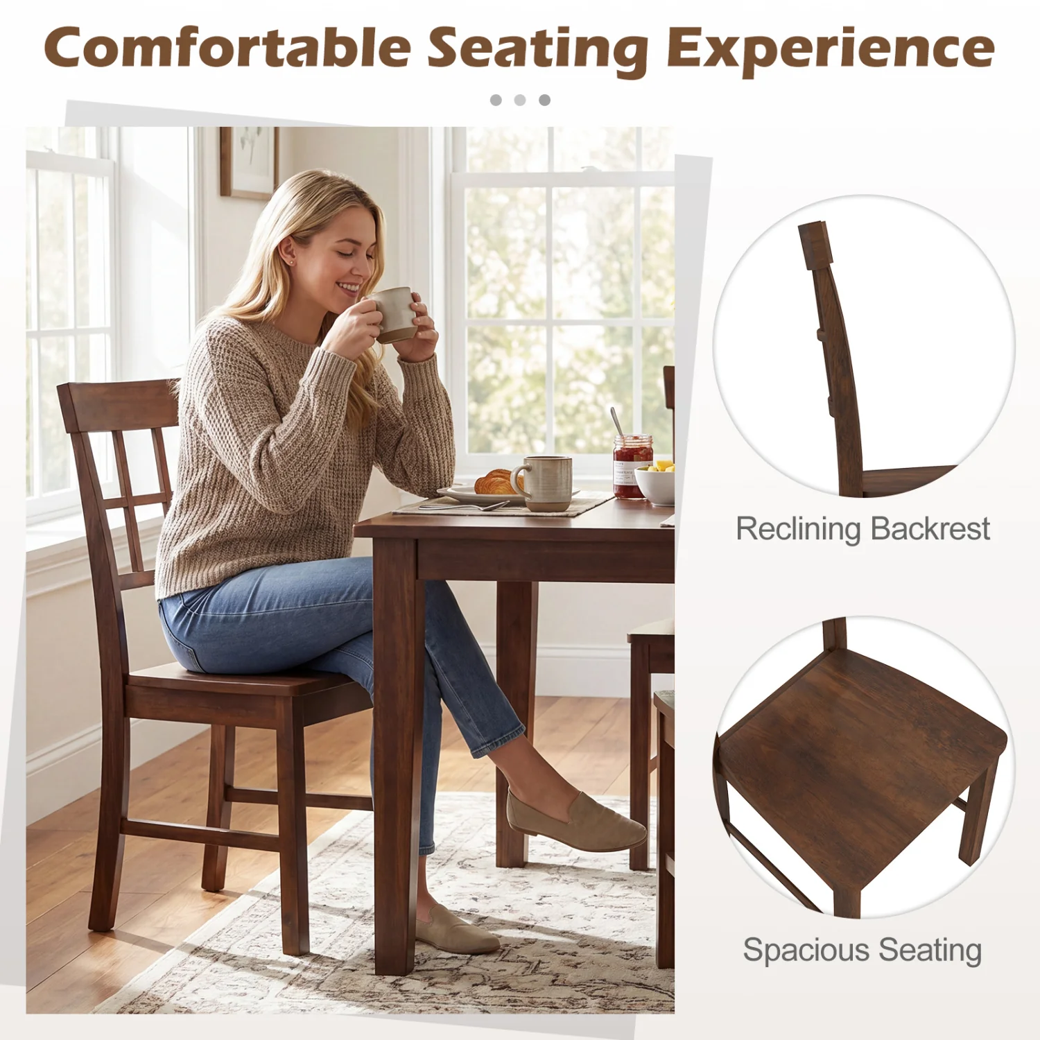 Rubber Wood Dining Chairs Set of 2, Dark Brown - Image 9