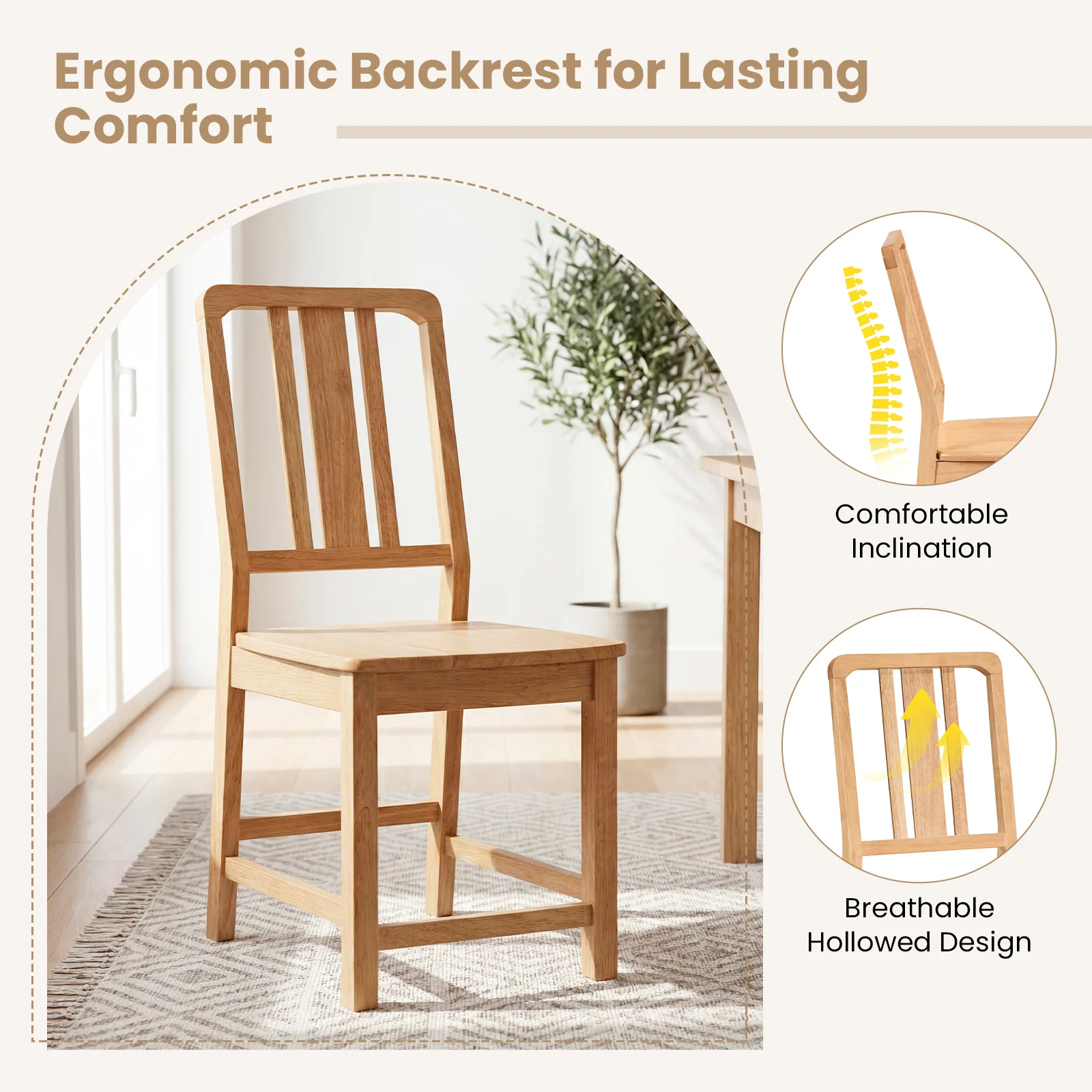 Rubber Wood Dining Chairs, Set of 2, Hollowed Backrest, Natural - Image 7
