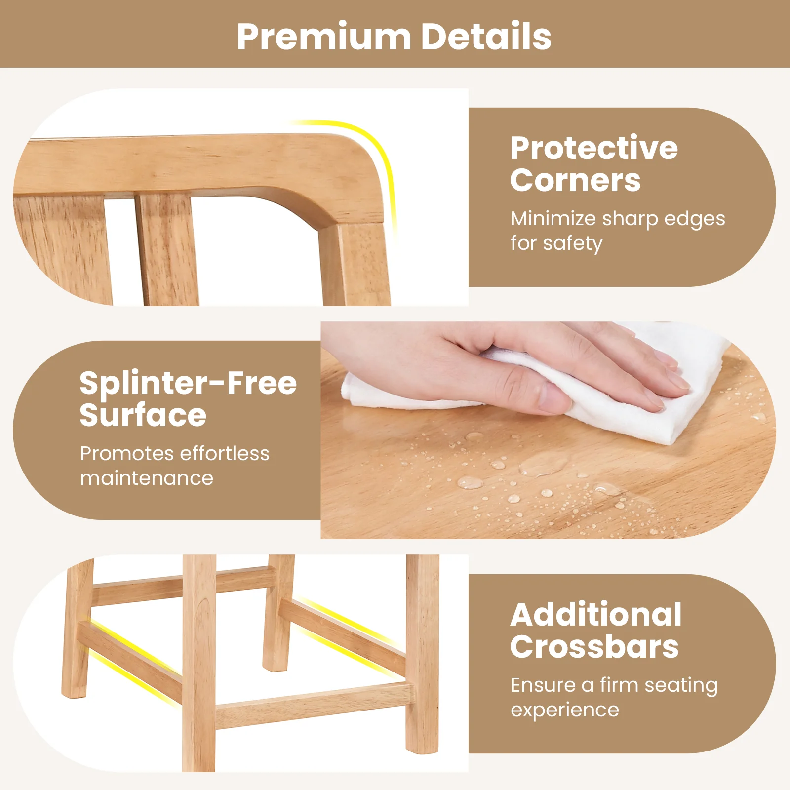 Rubber Wood Dining Chairs, Set of 2, Hollowed Backrest, Natural - Image 8