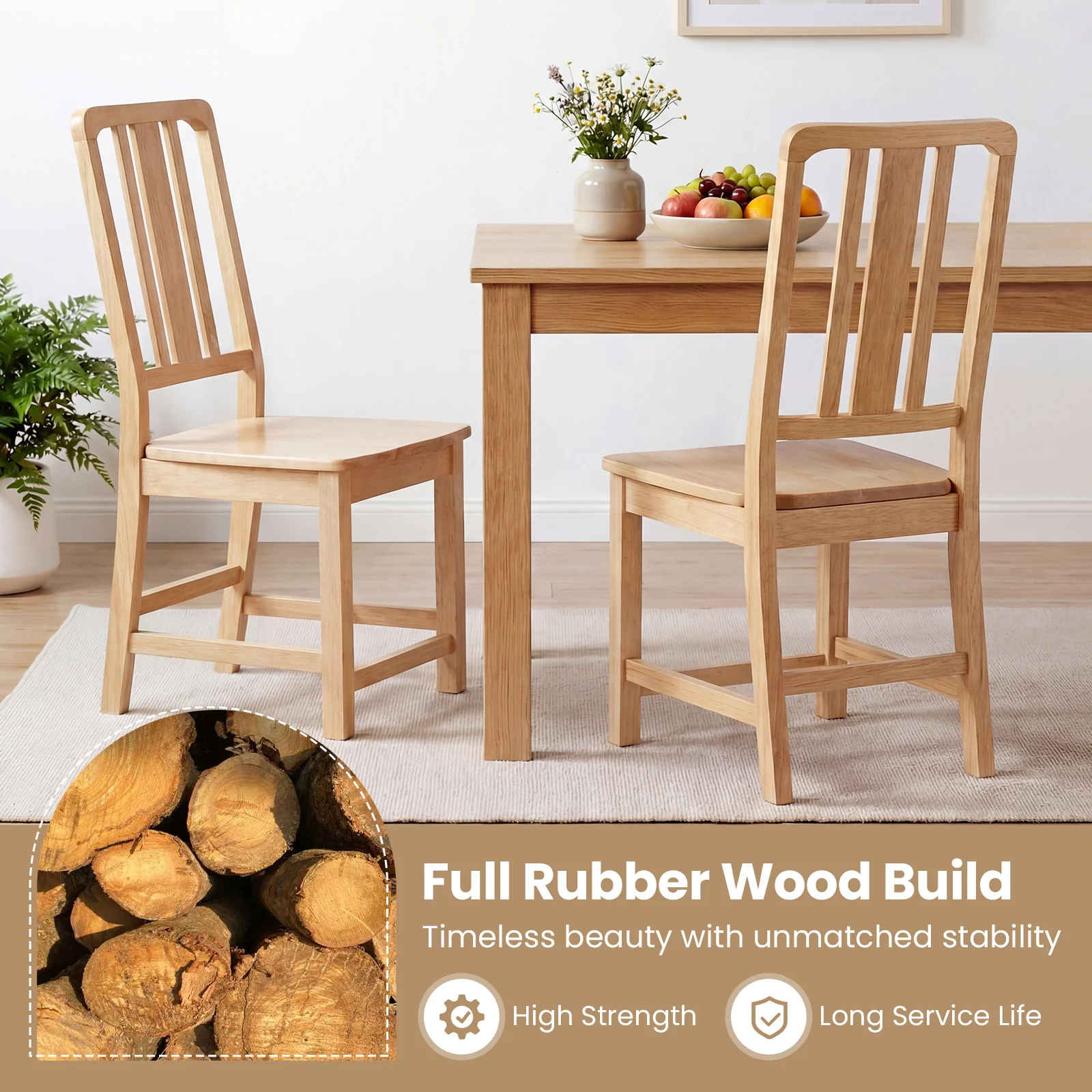 Rubber Wood Dining Chairs, Set of 2, Hollowed Backrest, Natural - Image 9