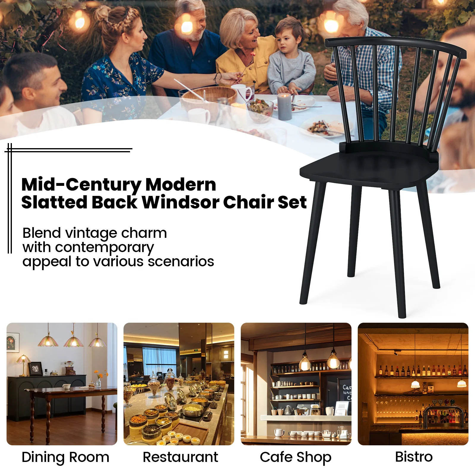 Rubber Wood Dining Chairs, Set of 2, Spindle Back, Black - Image 10