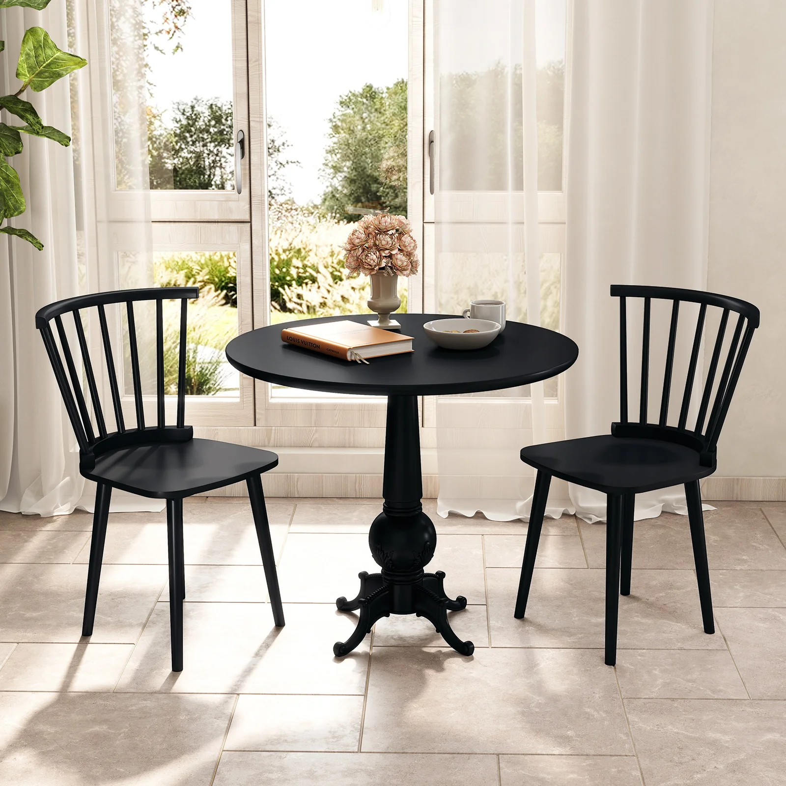 Rubber Wood Dining Chairs, Set of 2, Spindle Back, Black - Image 2