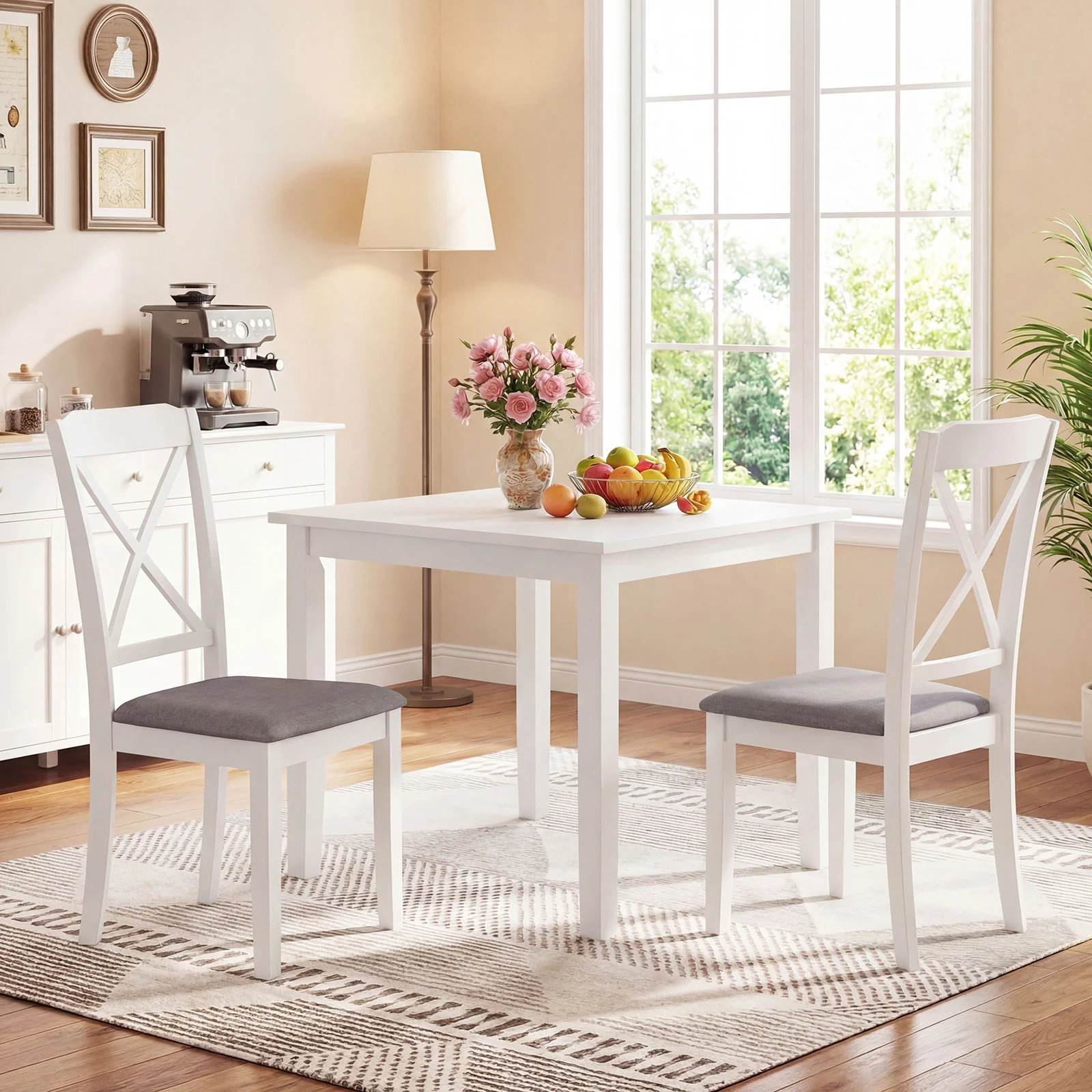 Rubber Wood Dining Chairs Set of 2, Comfortable Backrest and Padded Seat, White - Image 2