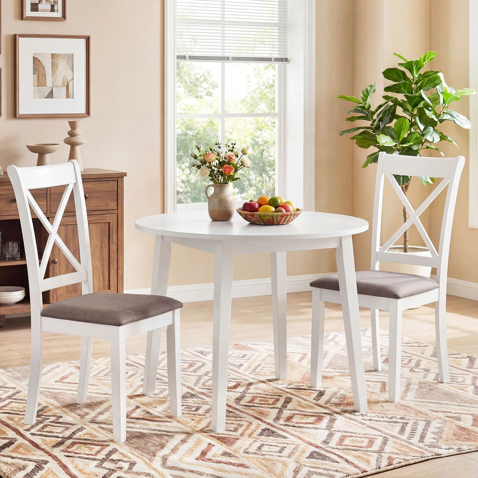 Rubber Wood Dining Chairs Set of 2, Comfortable Backrest and Padded Seat, White - Image 3