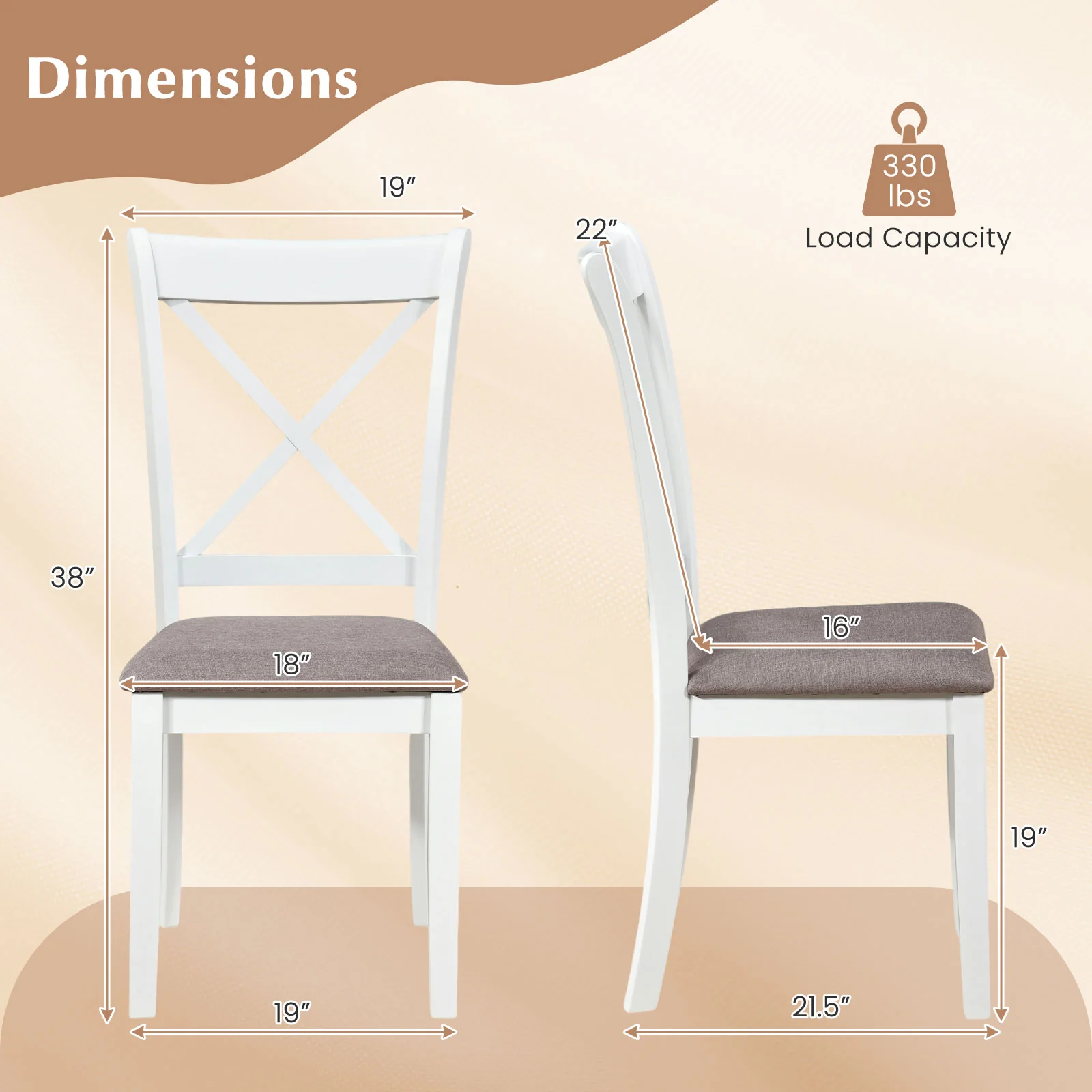 Rubber Wood Dining Chairs Set of 2, Comfortable Backrest and Padded Seat, White - Image 4