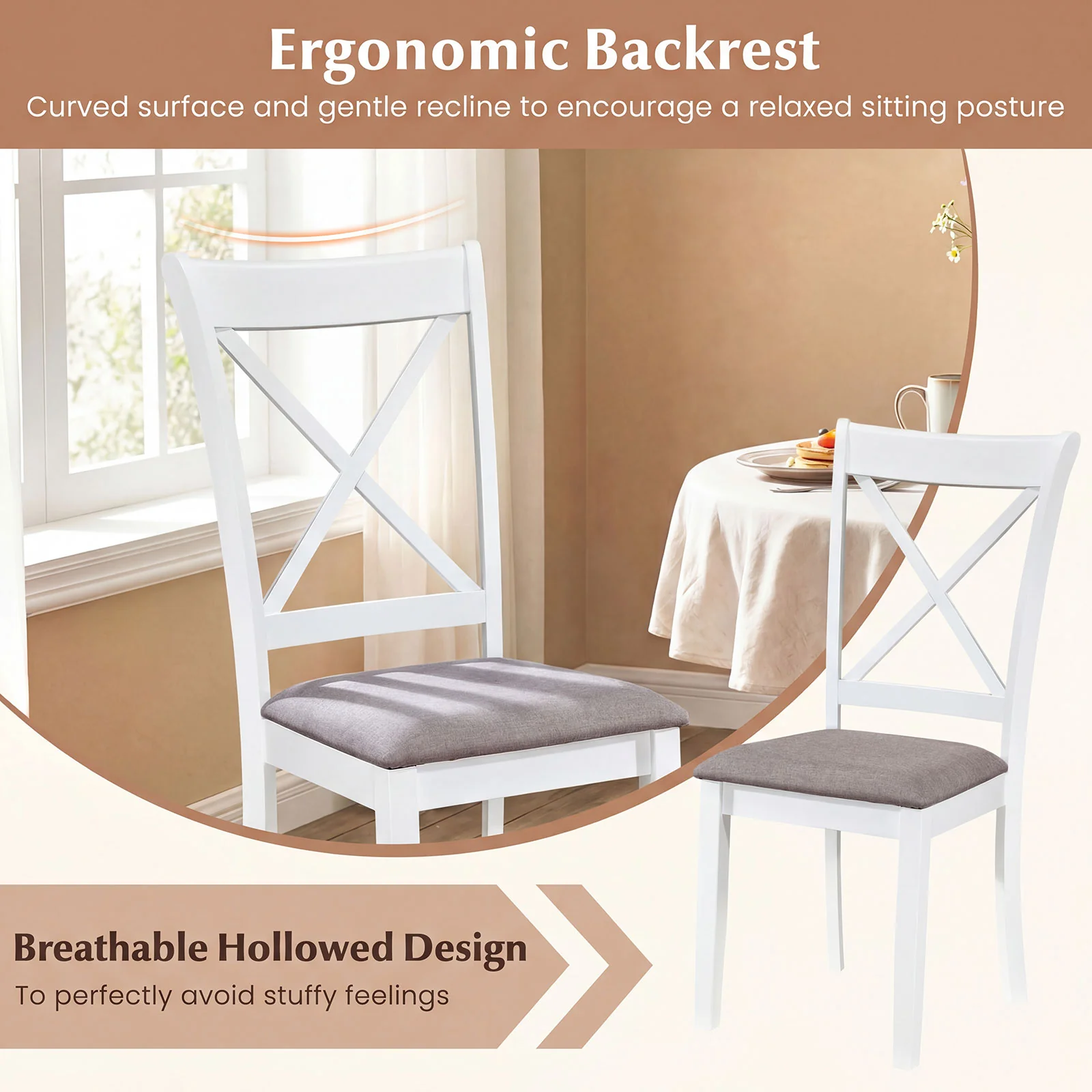 Rubber Wood Dining Chairs Set of 2, Comfortable Backrest and Padded Seat, White - Image 7