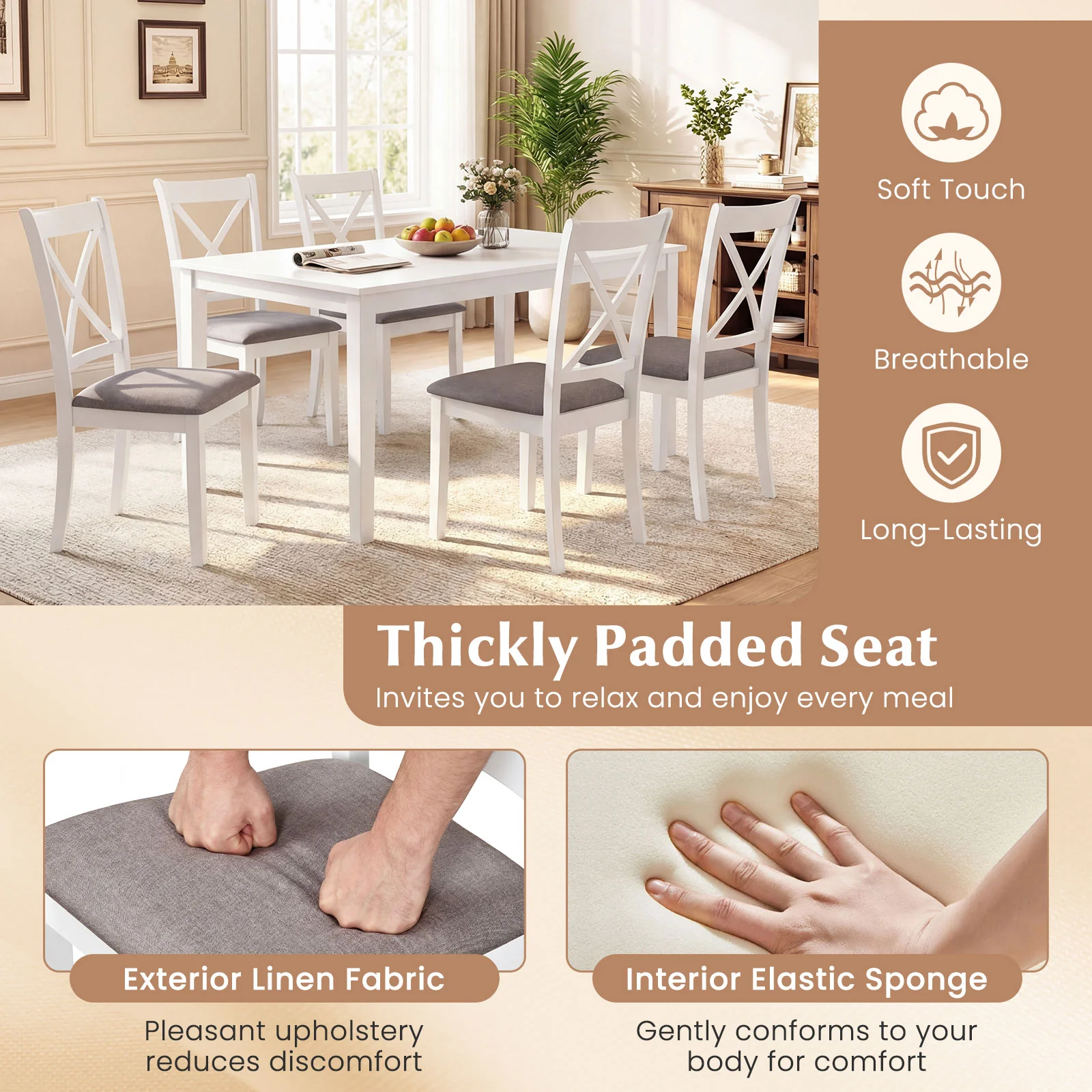 Rubber Wood Dining Chairs Set of 2, Comfortable Backrest and Padded Seat, White - Image 8