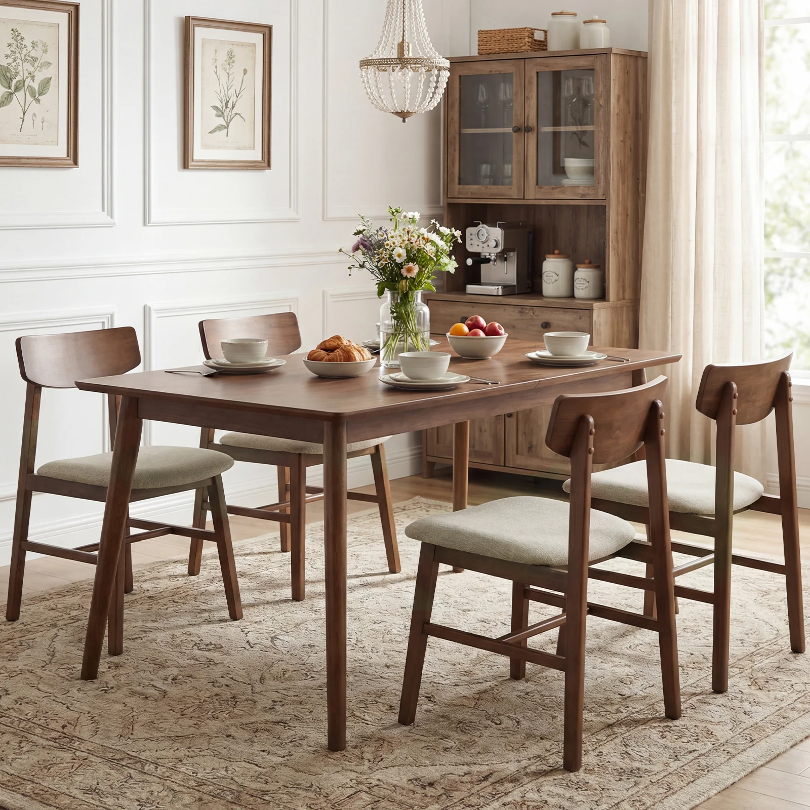 Rubber Wood Dining Chairs, Set of 4, Curved Backrest, Walnut - Image 2