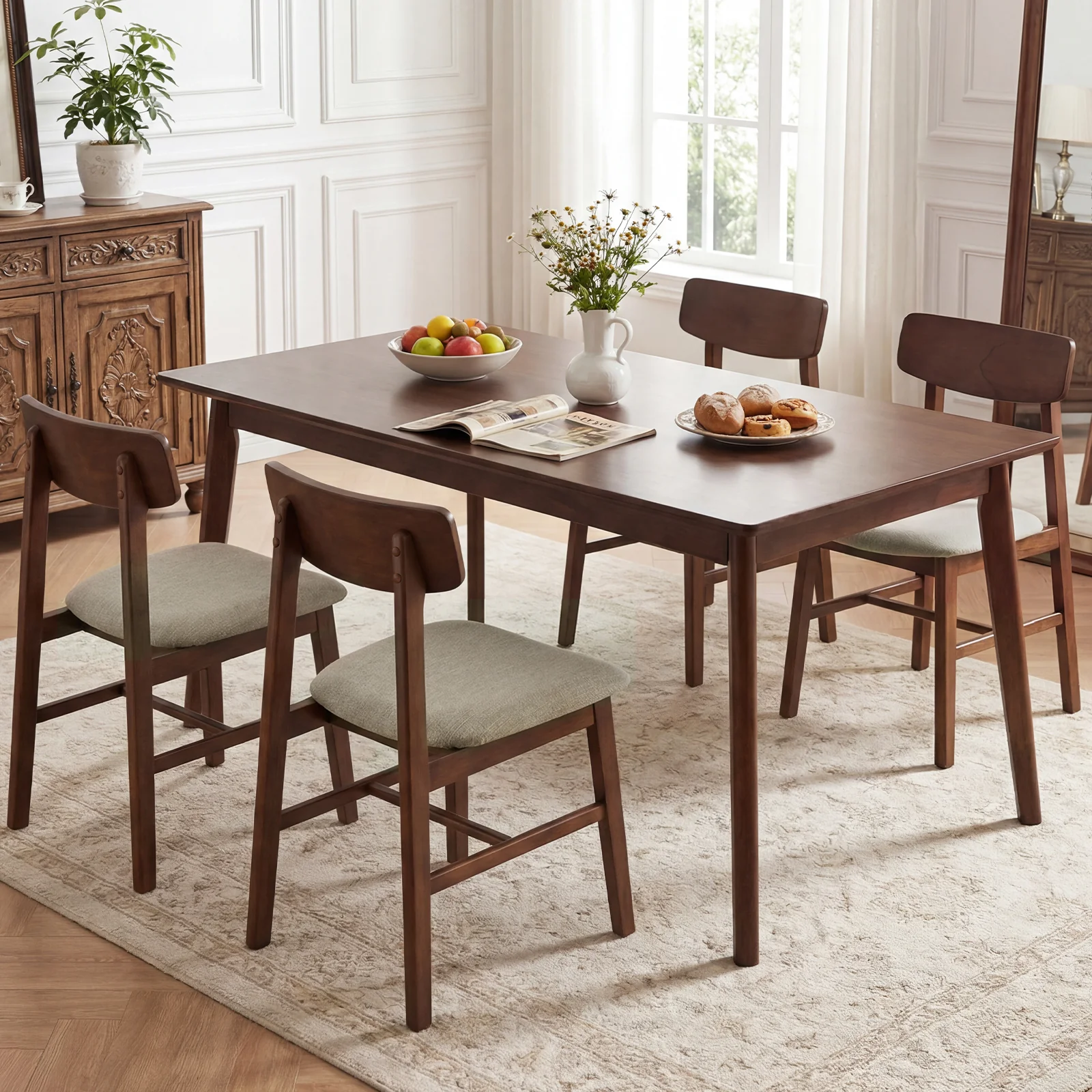 Rubber Wood Dining Chairs, Set of 4, Curved Backrest, Walnut - Image 3