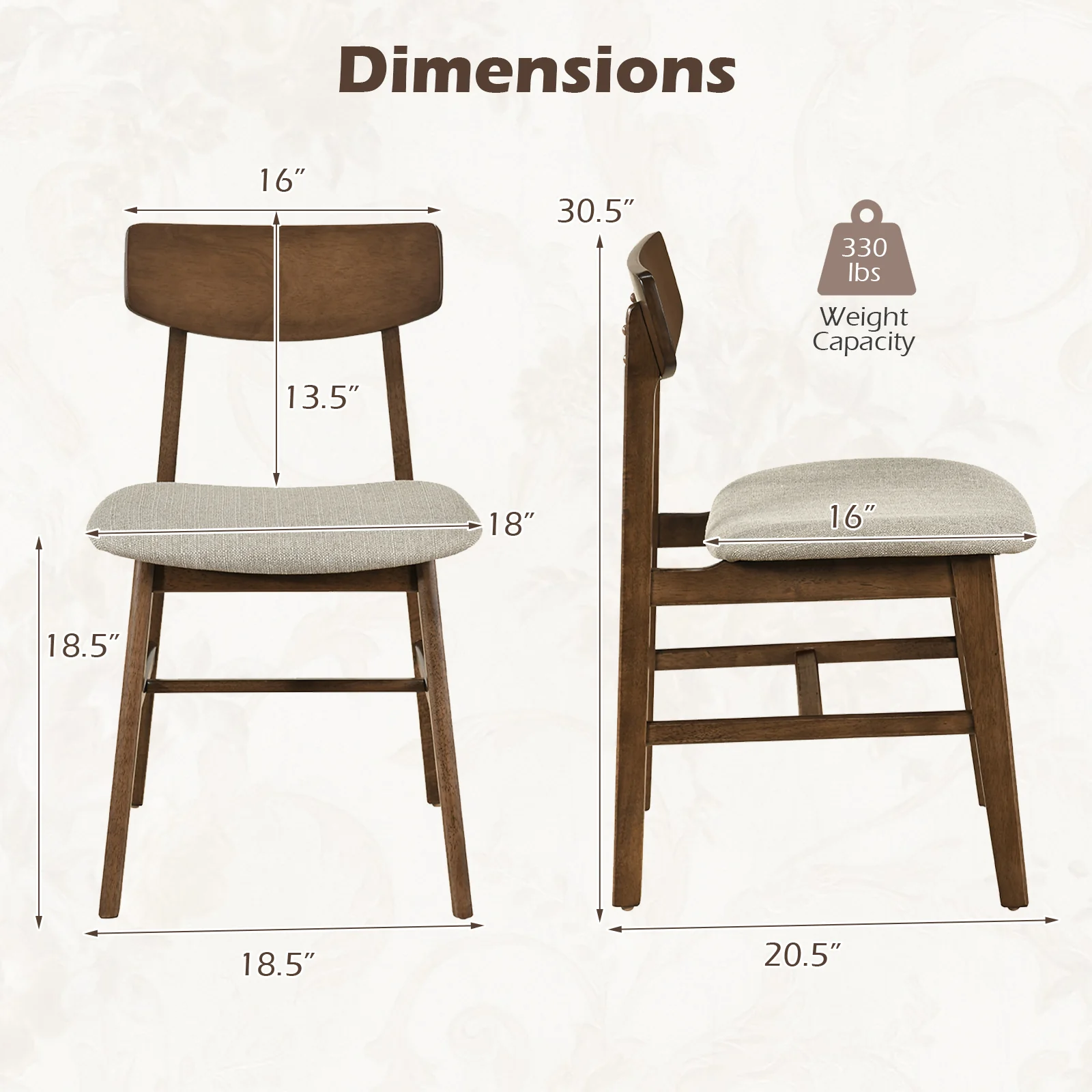 Rubber Wood Dining Chairs, Set of 4, Curved Backrest, Walnut - Image 4