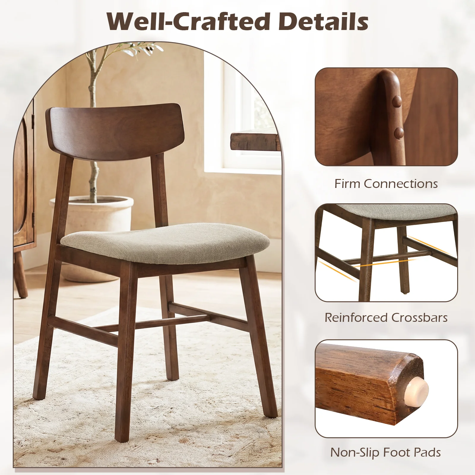 Rubber Wood Dining Chairs, Set of 4, Curved Backrest, Walnut - Image 9