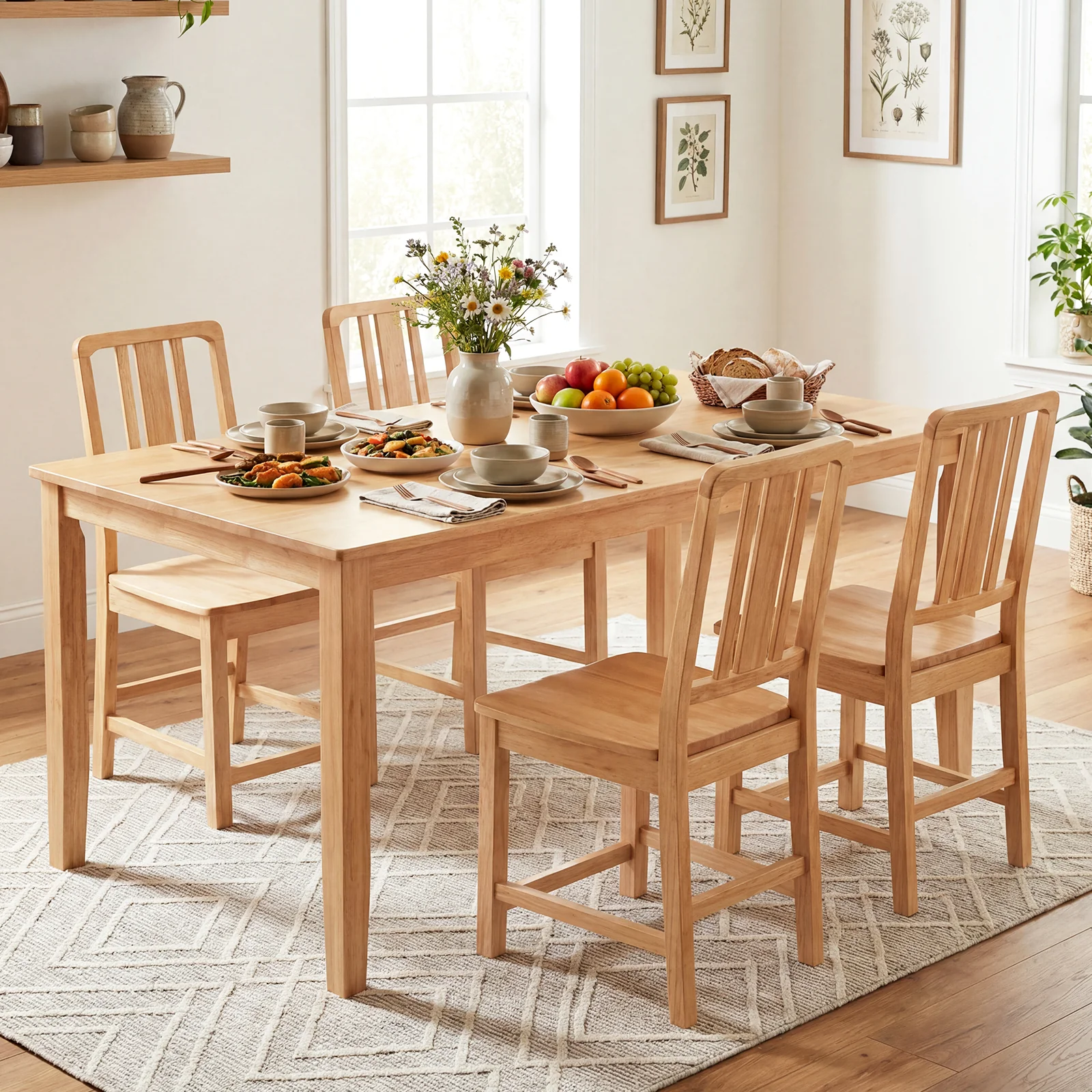 Rubber Wood Dining Chairs Set of 4, Hollowed Backrest, Natural - Image 2