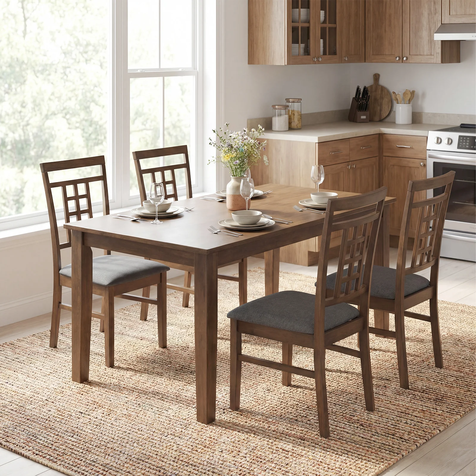 Rubber Wood Dining Chairs, Set of 4, Lattice Back, Brown - Image 5