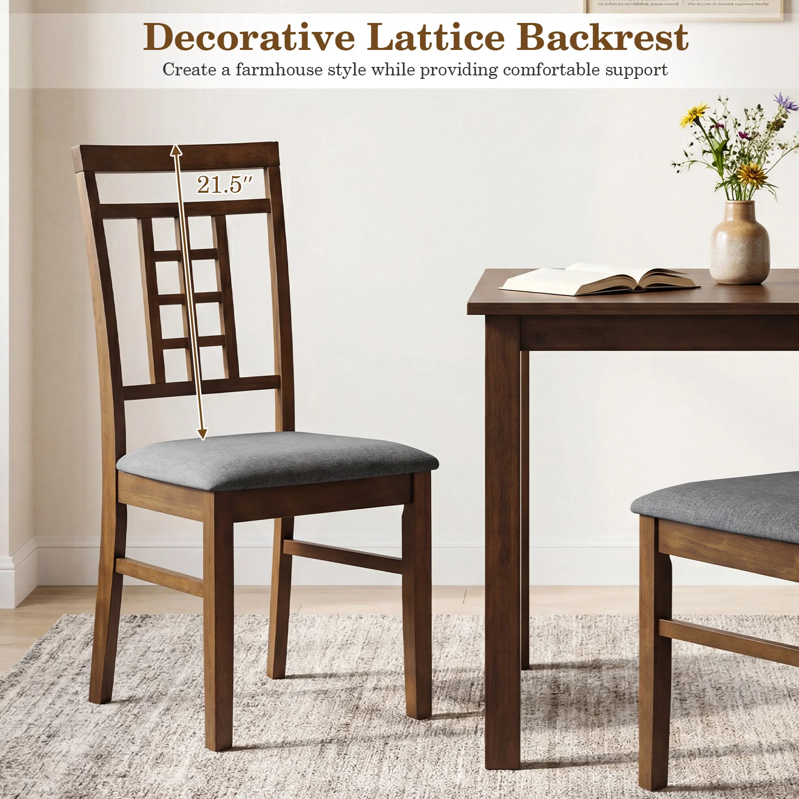 Rubber Wood Dining Chairs, Set of 4, Lattice Back, Brown - Image 7