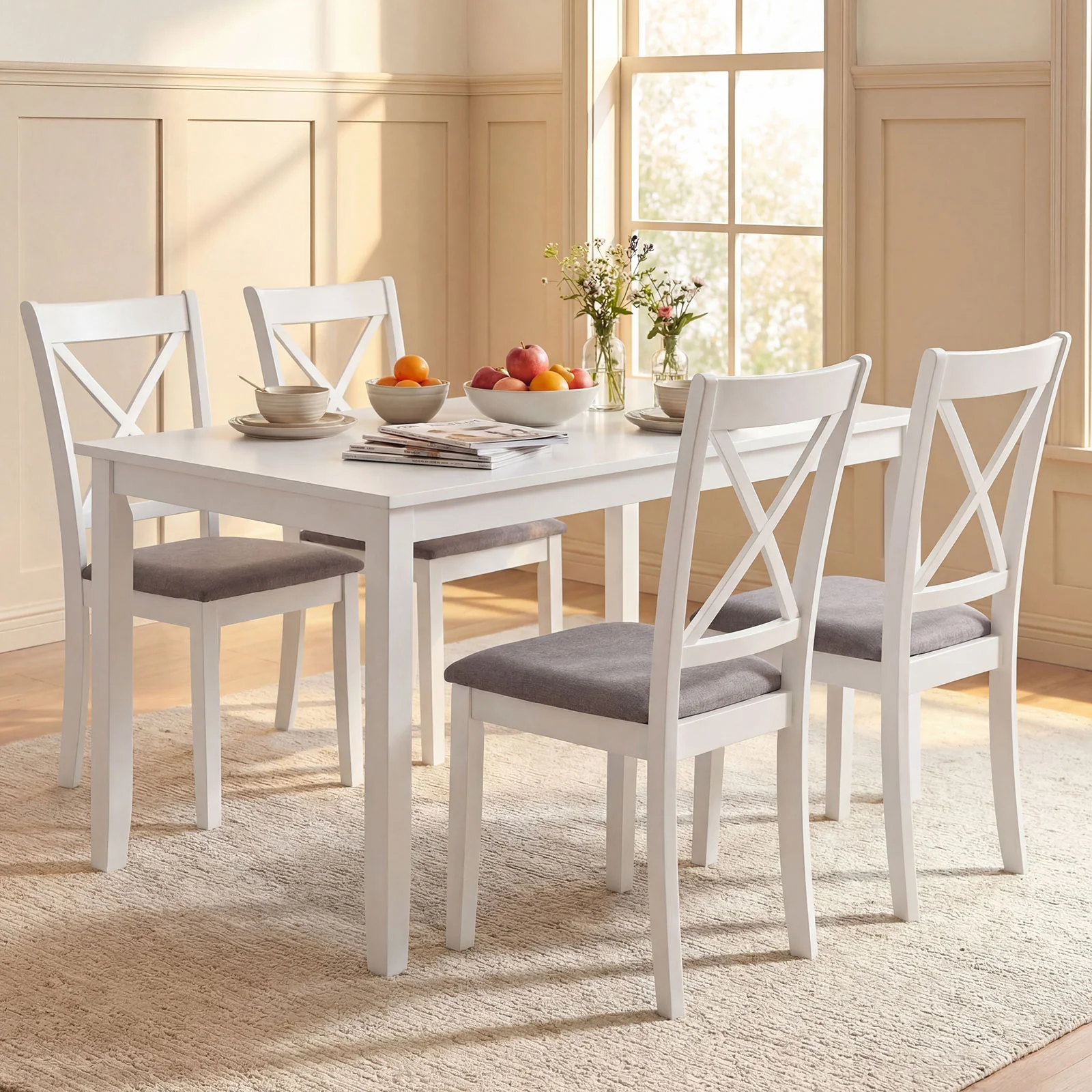 Rubber Wood Dining Chairs Set of 4, With Padded Seat, White - Image 3