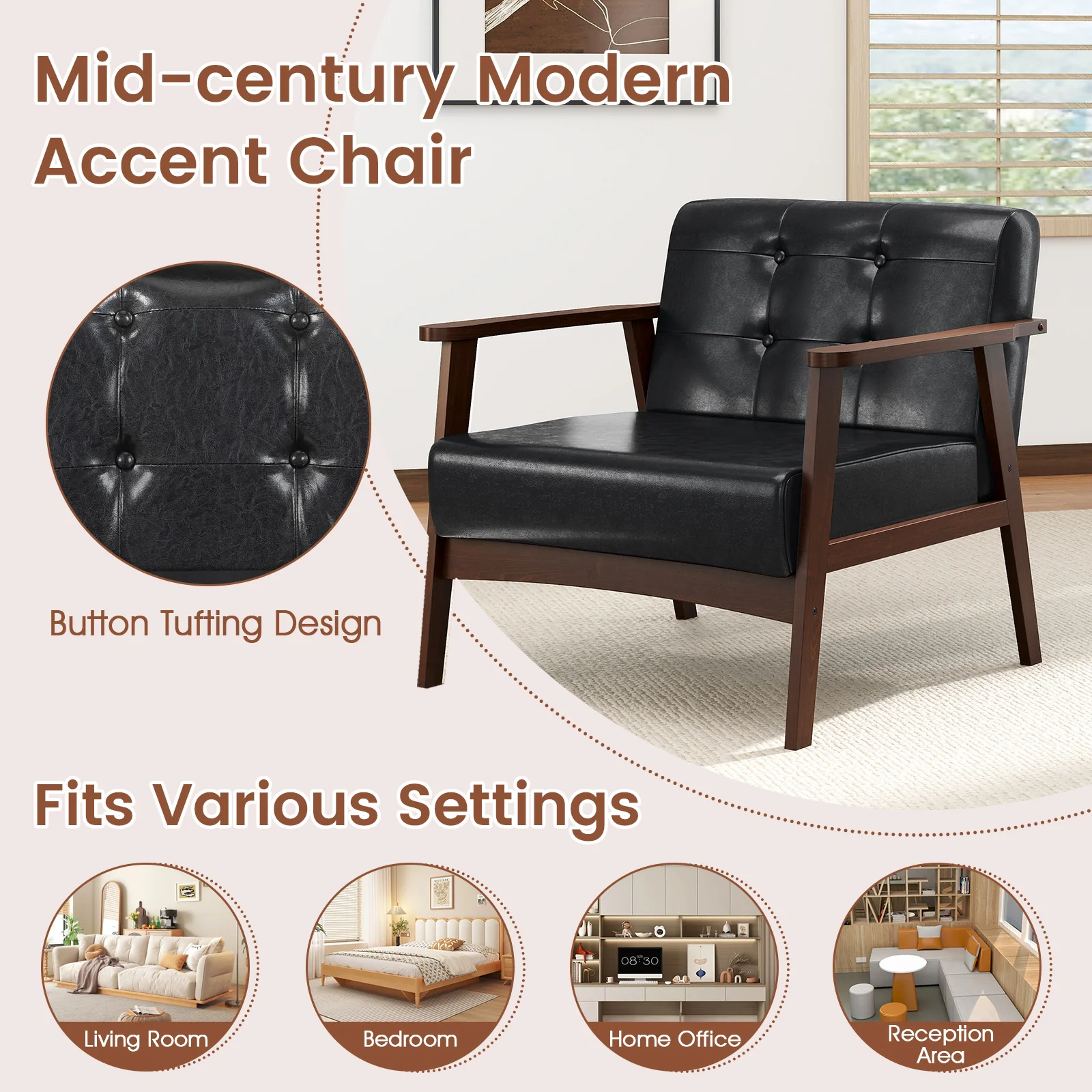 Rubber Wood Frame Accent Chair, With Armrest, Black - Image 10