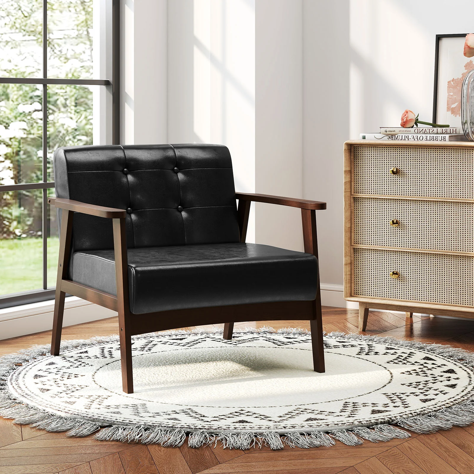Rubber Wood Frame Accent Chair, With Armrest, Black - Image 2