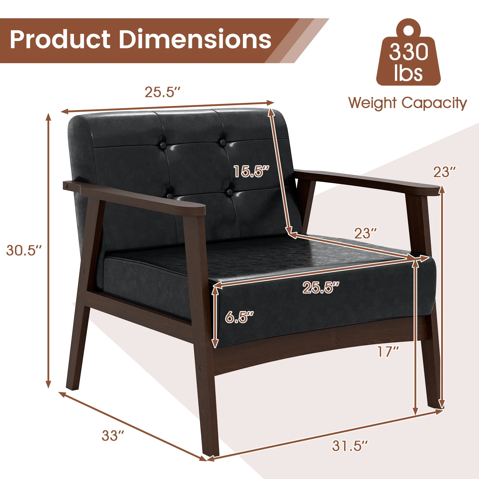 Rubber Wood Frame Accent Chair, With Armrest, Black - Image 5